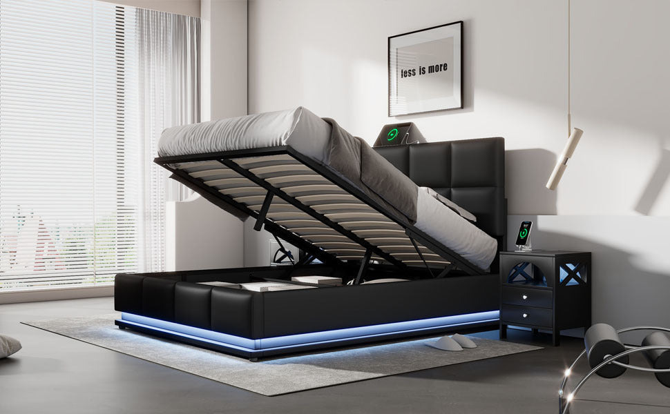 Full Size Tufted Upholstered Platform Bed with Hydraulic Storage System,PU Storage Bed with LED Lights and USB charger, Black - Atlantic Fine Furniture Melbourne FL