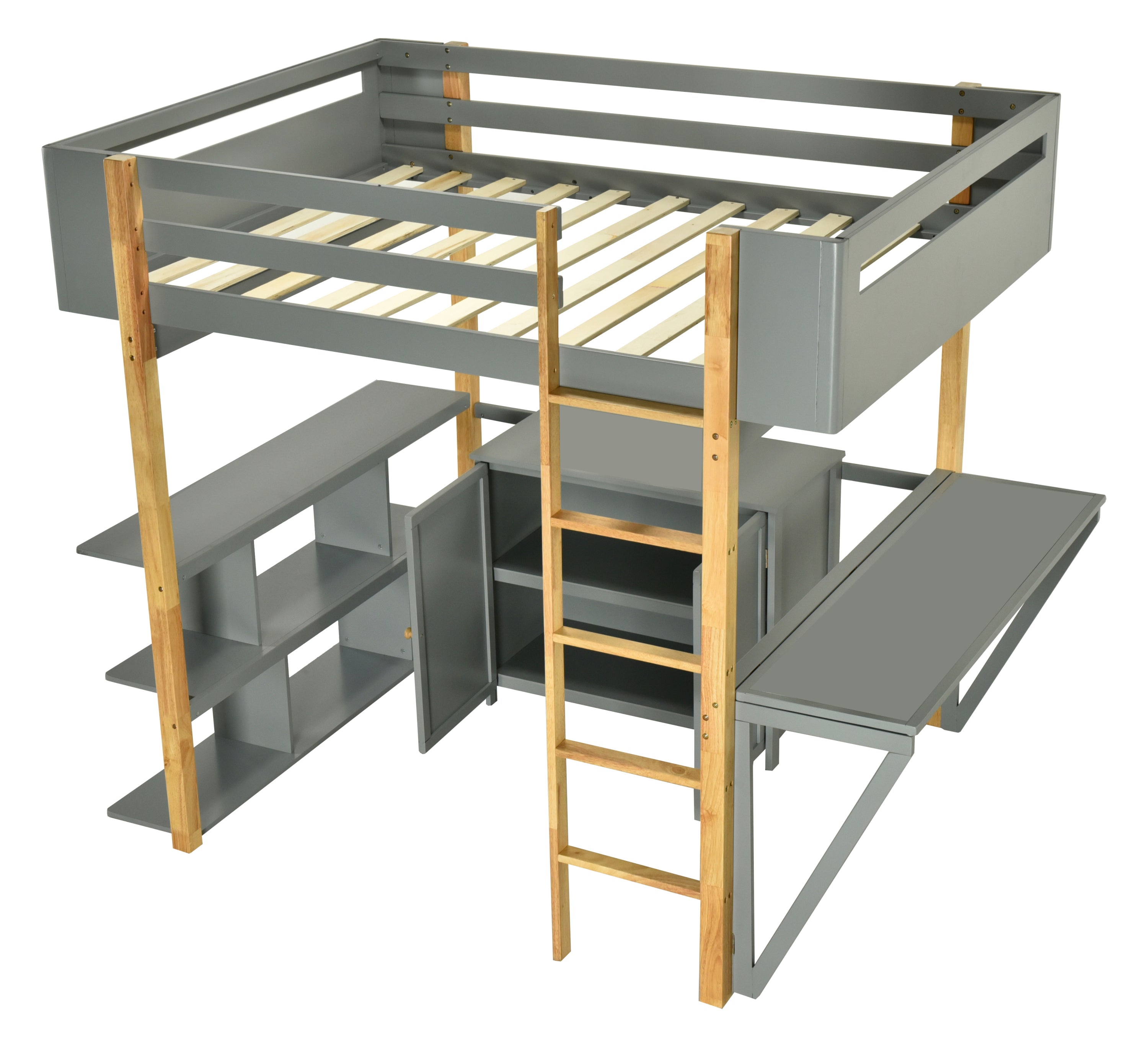 Full Size Wood Loft Bed With Built-in Storage Cabinet and Cubes, Foldable desk, Gray