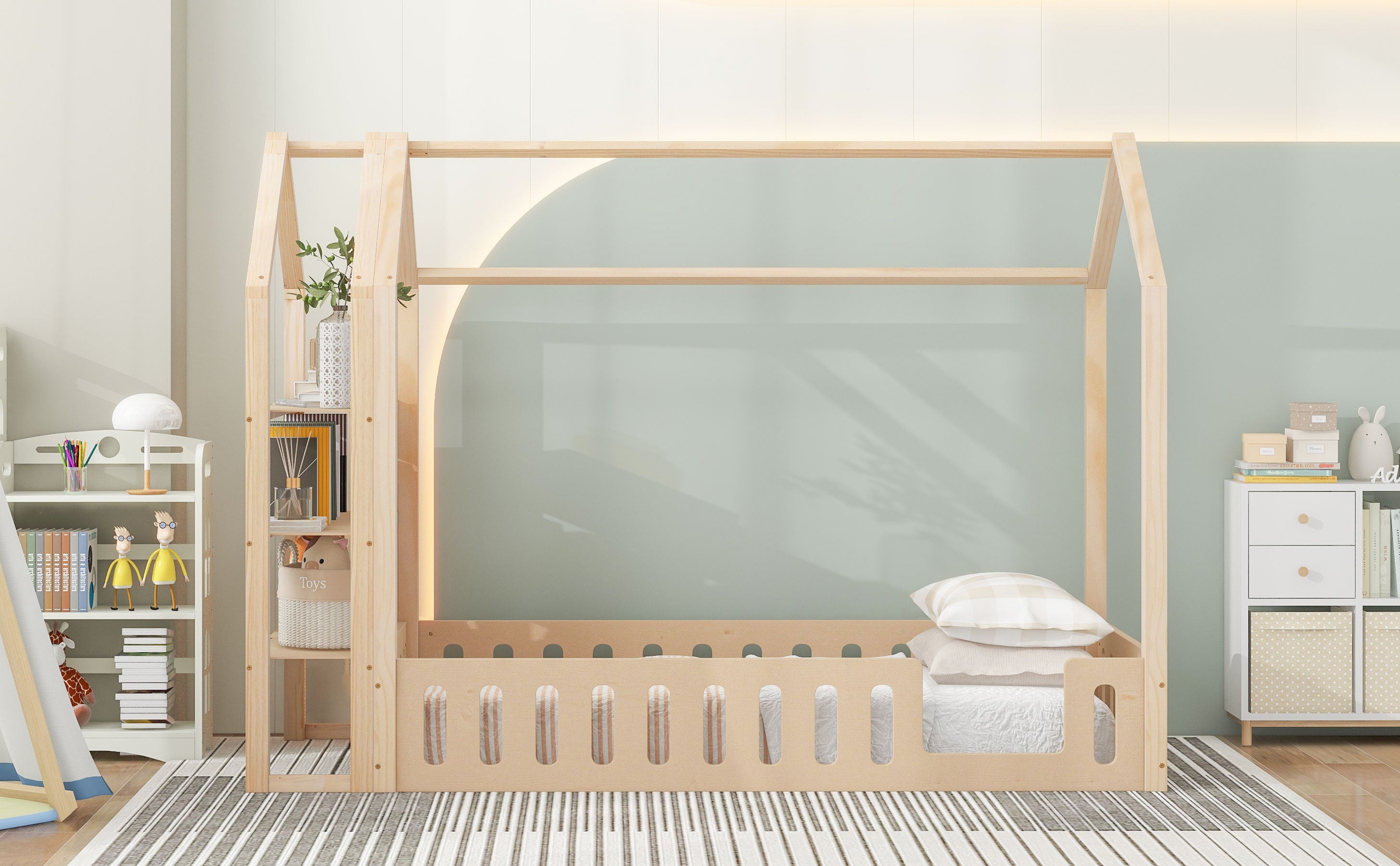 Twin Size Wood House Bed with Fence and Detachable Storage Shelves, Natural - Atlantic Fine Furniture Melbourne FL