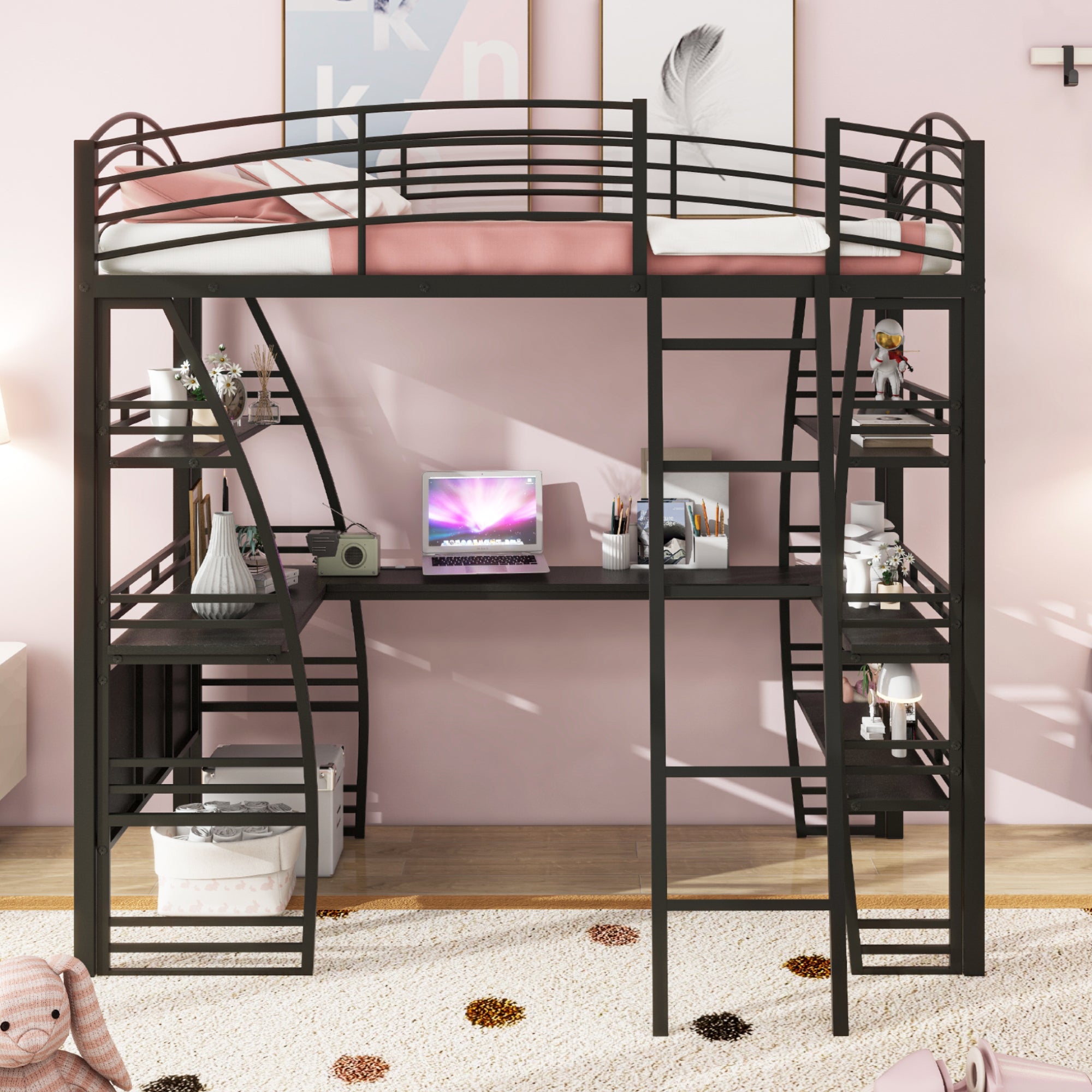 Twin Size Loft Bed with 4 Layers of Shelves and L-shaped Desk, Stylish Metal Frame Bed with a set of Sockets, USB Ports and Wireless Charging, Black - Atlantic Fine Furniture Melbourne FL