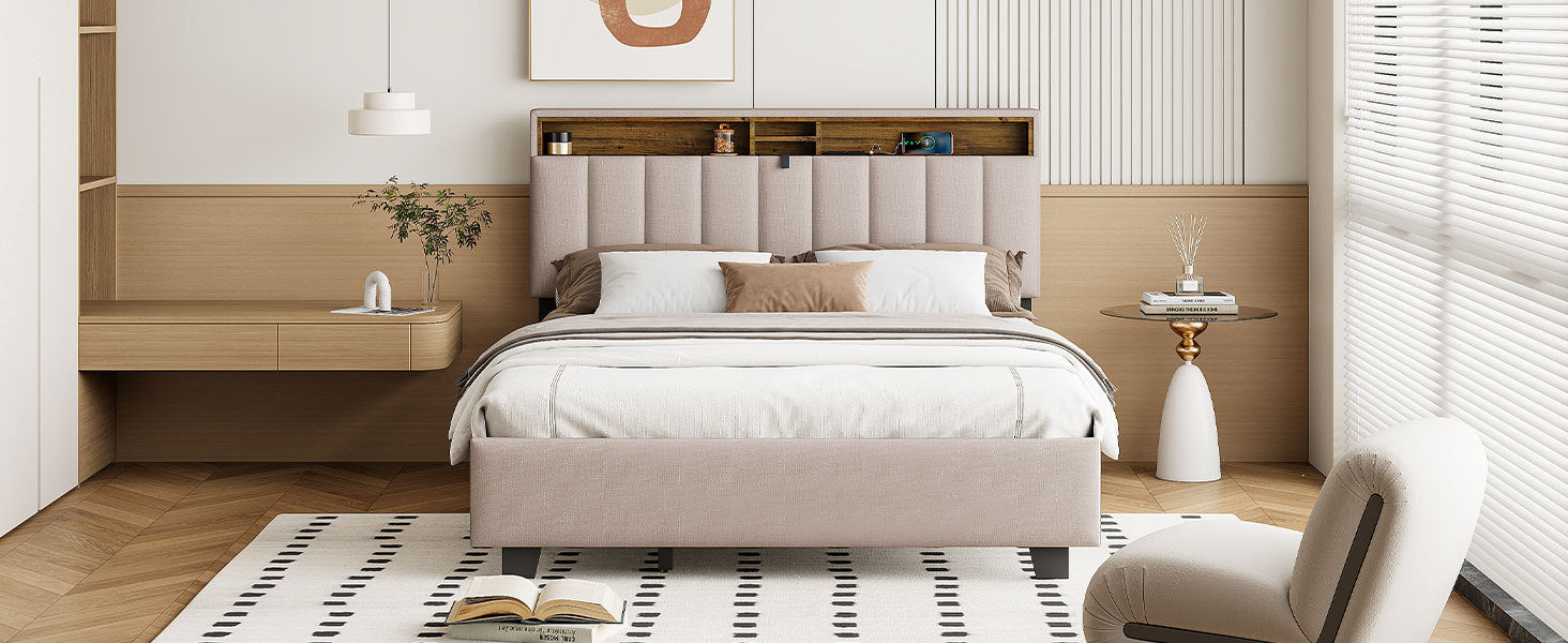 Queen size Upholstered Platform Bed with Storage Headboard, Twin XL Size Trundle & 2 drawers and a set of Sockets & USB Ports, Linen Fabric, Beige - Atlantic Fine Furniture Melbourne FL