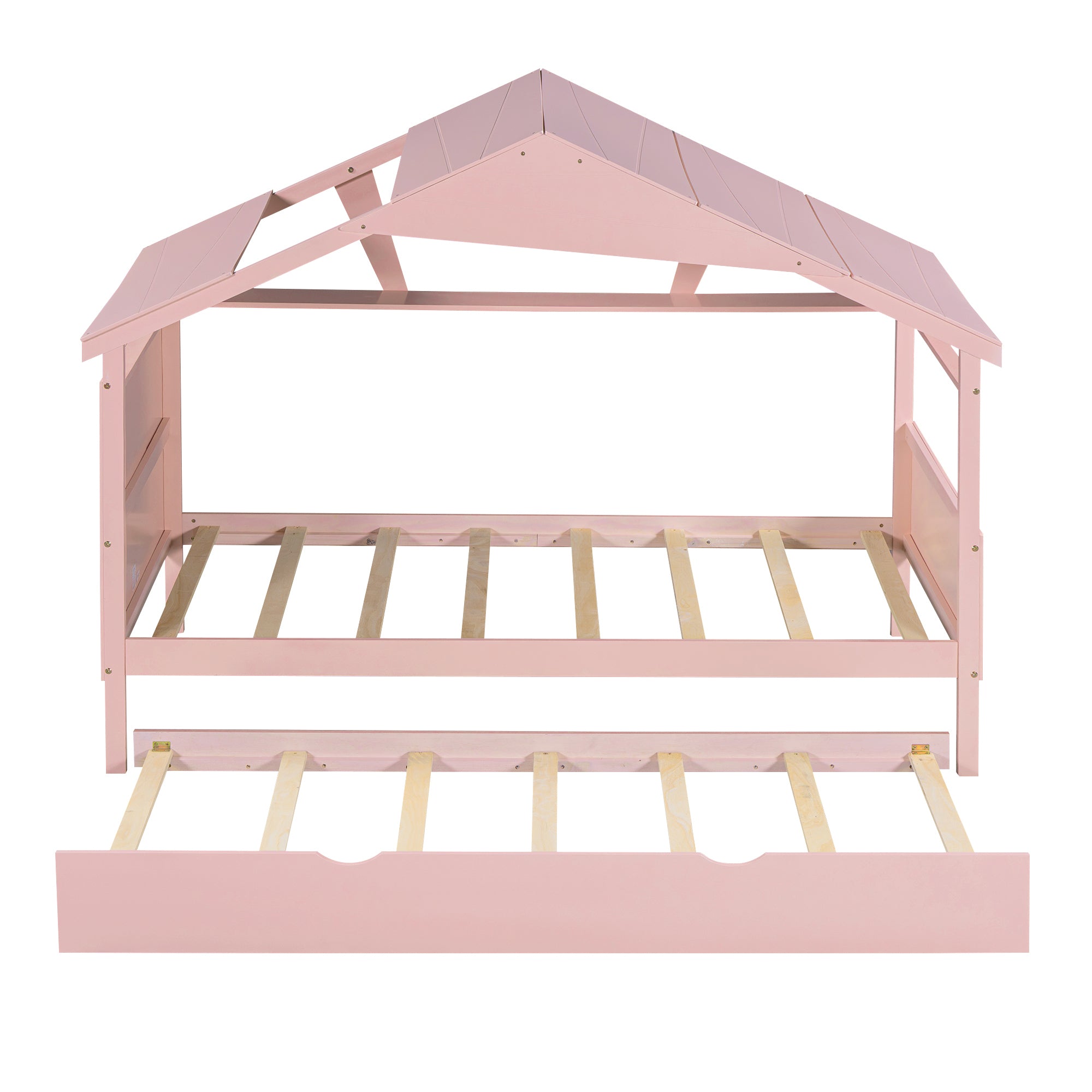 Wood Twin Size House Bed with Trundle and Storage, Pink - Atlantic Fine Furniture Melbourne FL