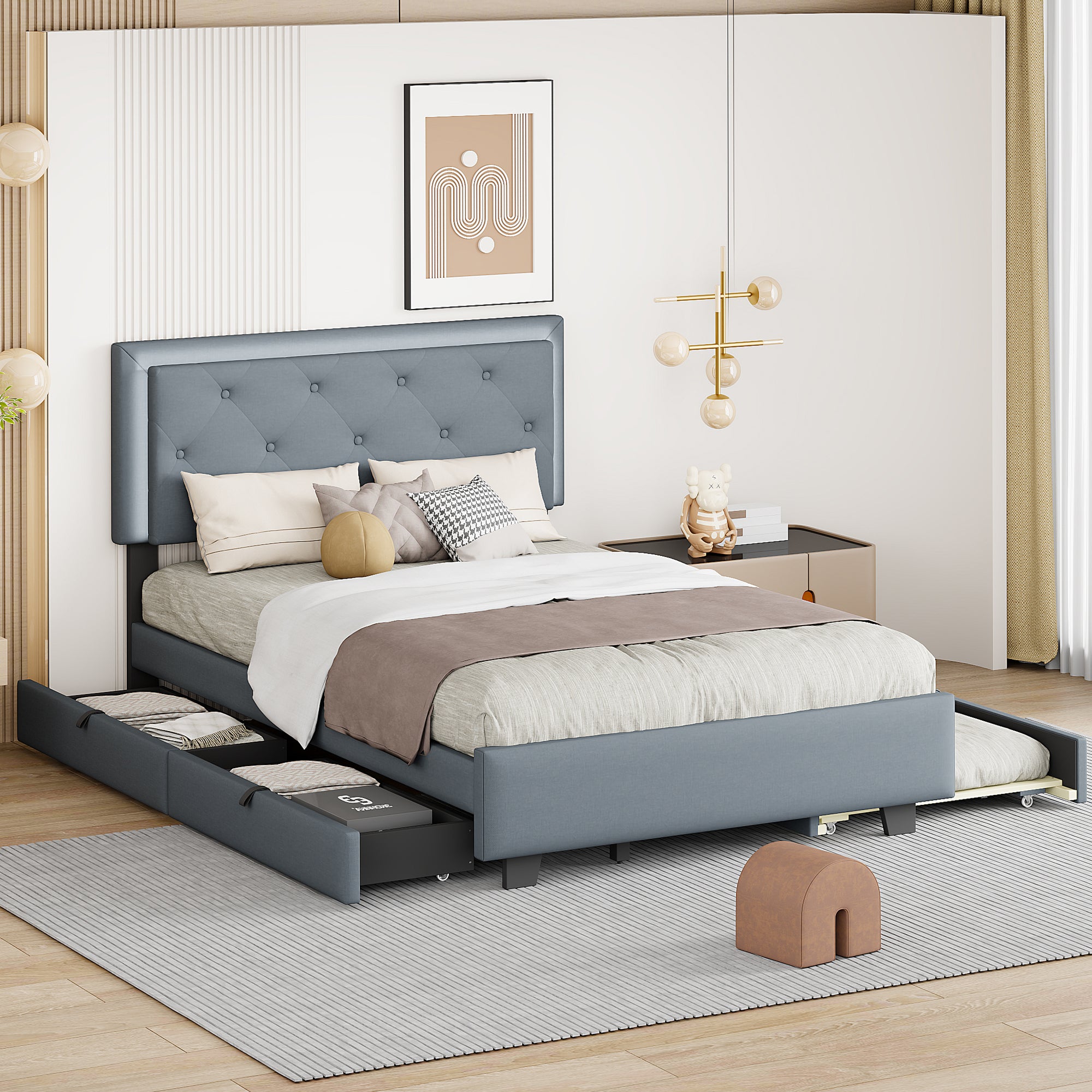 Full Size Velvet Storage Platform Bed, with 2 Big Drawers, T Size Trundle and LED Light, Gray - Atlantic Fine Furniture Melbourne FL