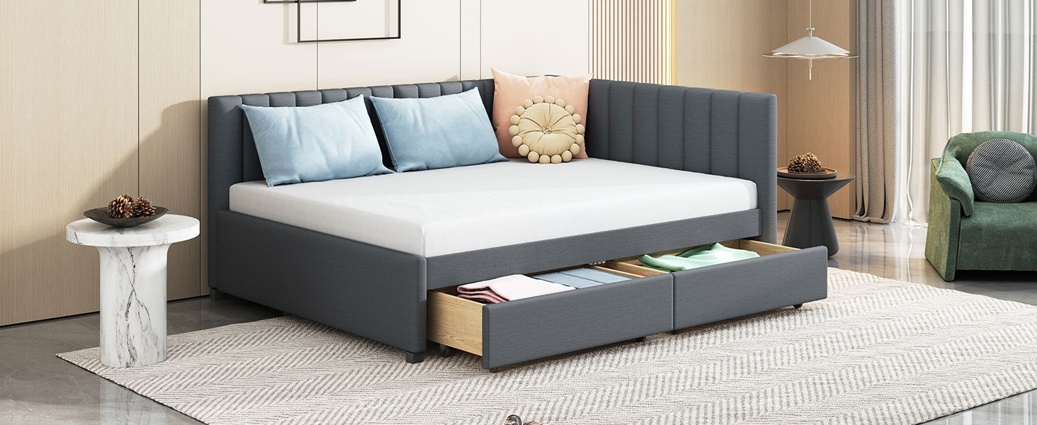 Full Size Upholstered Daybed with 2 Storage Drawers Sofa Bed Frame No Box Spring Needed, Linen Fabric (Gray) - Atlantic Fine Furniture Melbourne FL