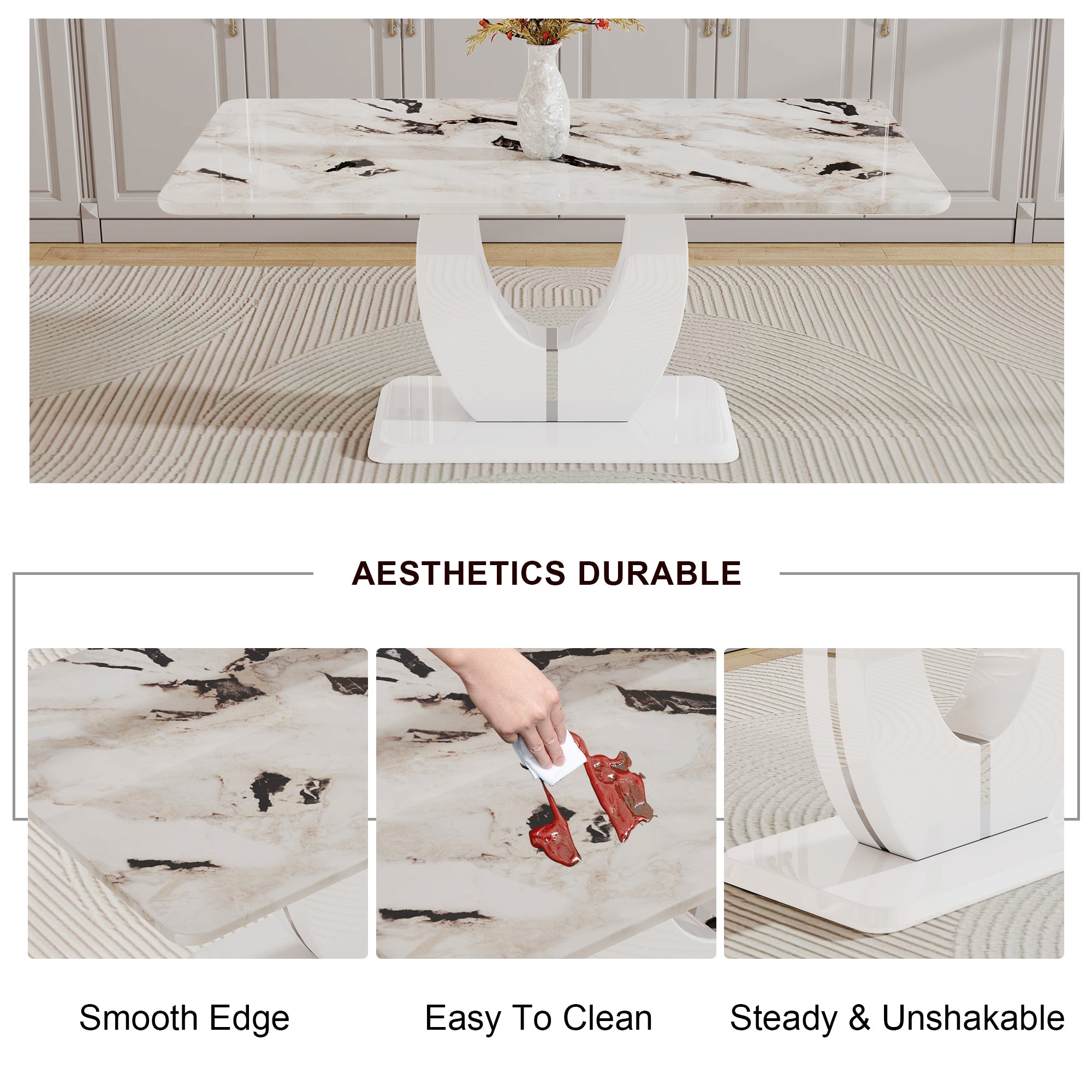 Table and chair set, modern minimalism and luxurious white rectangular pattern dining table. Soft and comfortable dining chair, for dining room, living room, terrace and kitchen.