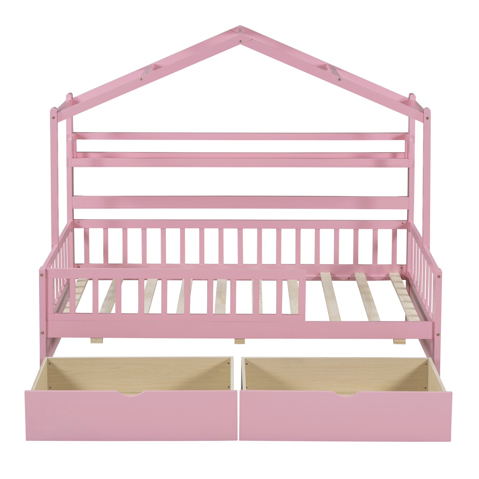 Wooden Twin Size House Bed with 2 Drawers,Kids Bed with Storage Shelf, Pink - Atlantic Fine Furniture Melbourne FL
