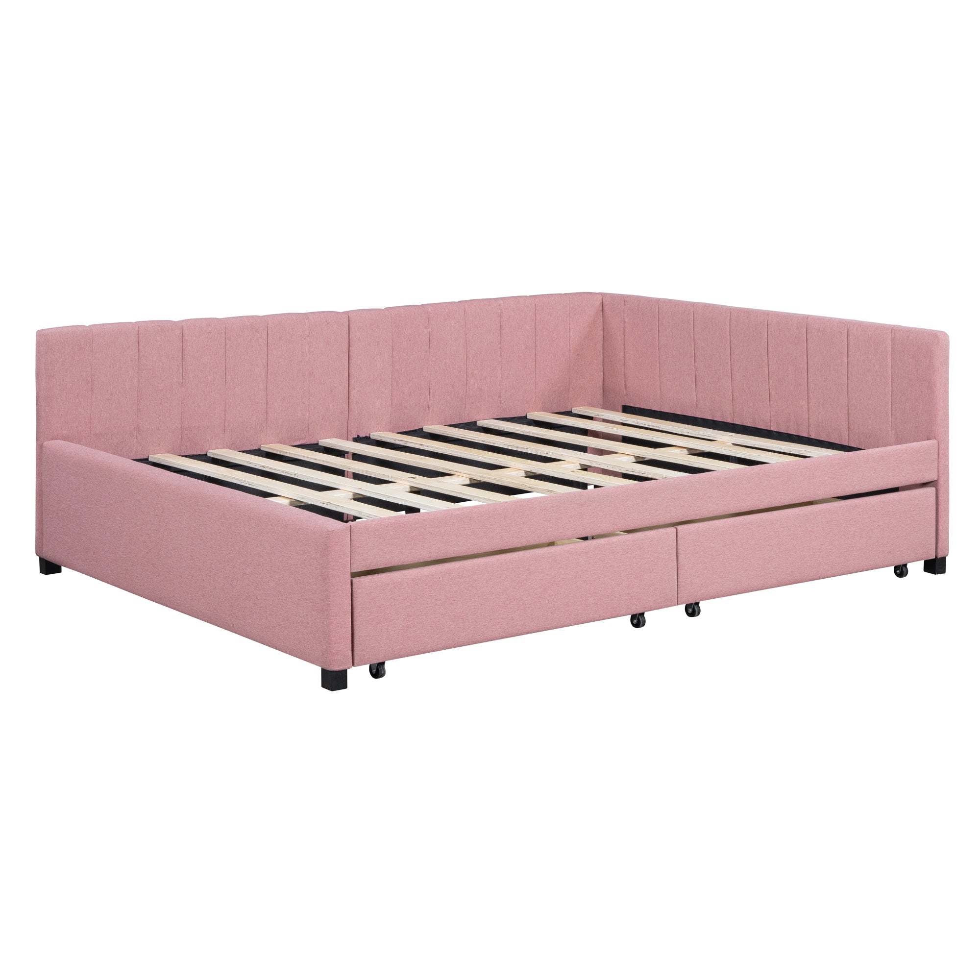 Full Size Upholstered Daybed with 2 Storage Drawers Sofa Bed Frame No Box Spring Needed, Linen Fabric (Pink) - Atlantic Fine Furniture Melbourne FL