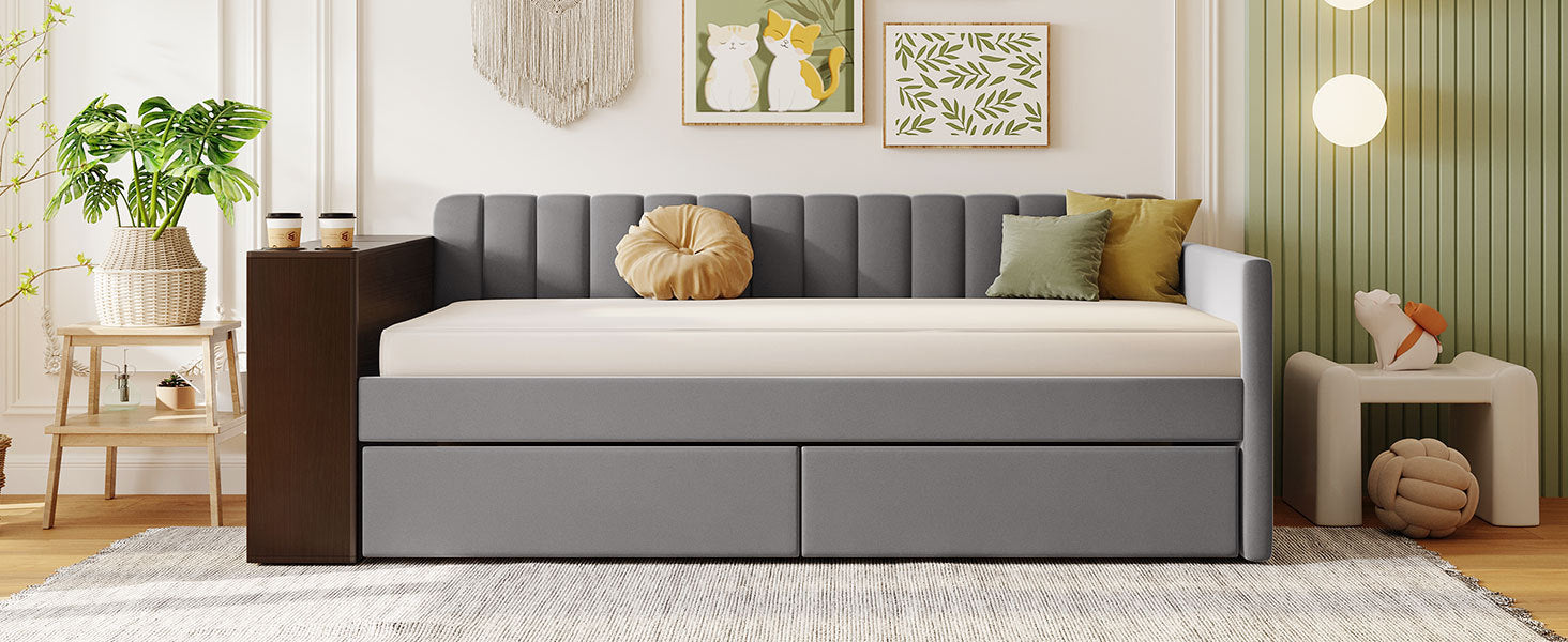 Twin Size Upholstered Daybed with Storage Armrest and 2 Drawers, Multi-functional Daybed with Cup Holder and a set of USB Ports and Sockets, Gray - Atlantic Fine Furniture Melbourne FL