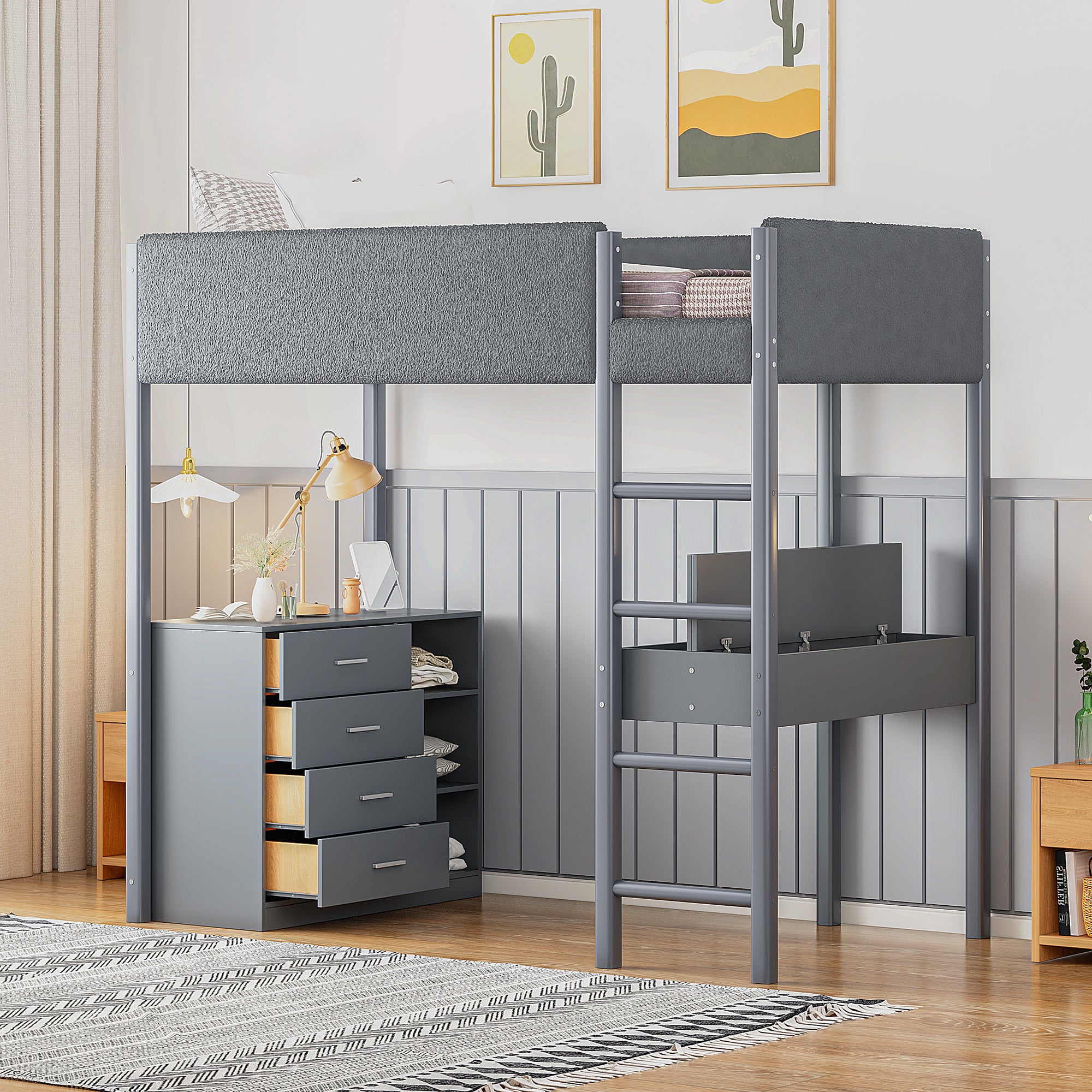 Twin Size Teddy FleeceLoft Bed Wood Bed, Gray - Atlantic Fine Furniture Melbourne FL