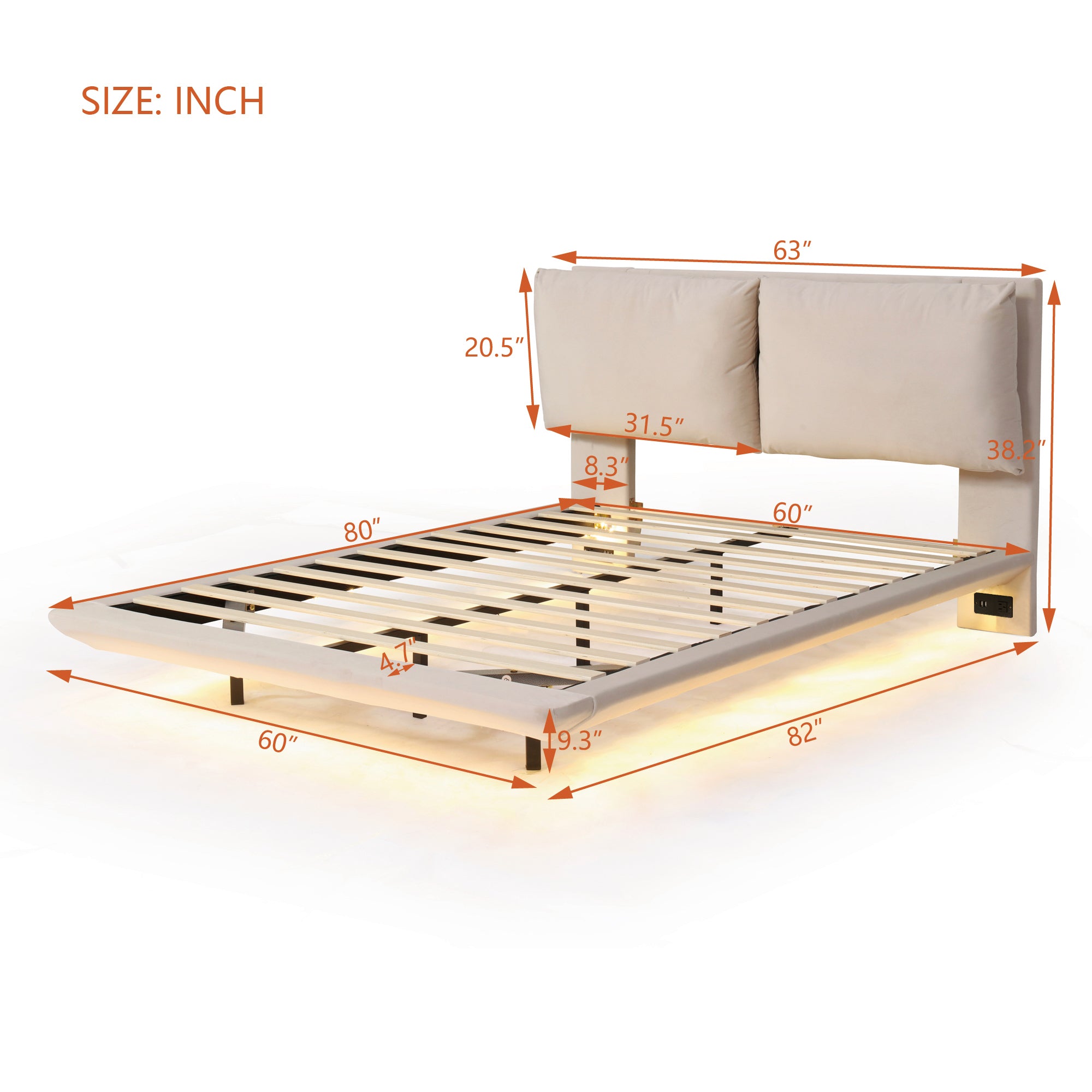 Queen Size Upholstered Platform Bed with Sensor Light and 2 Large Backrests, Stylish Platform Bed with 2 sets of USB Port and Socket on each rear Bed Leg, Beige - Atlantic Fine Furniture Melbourne FL