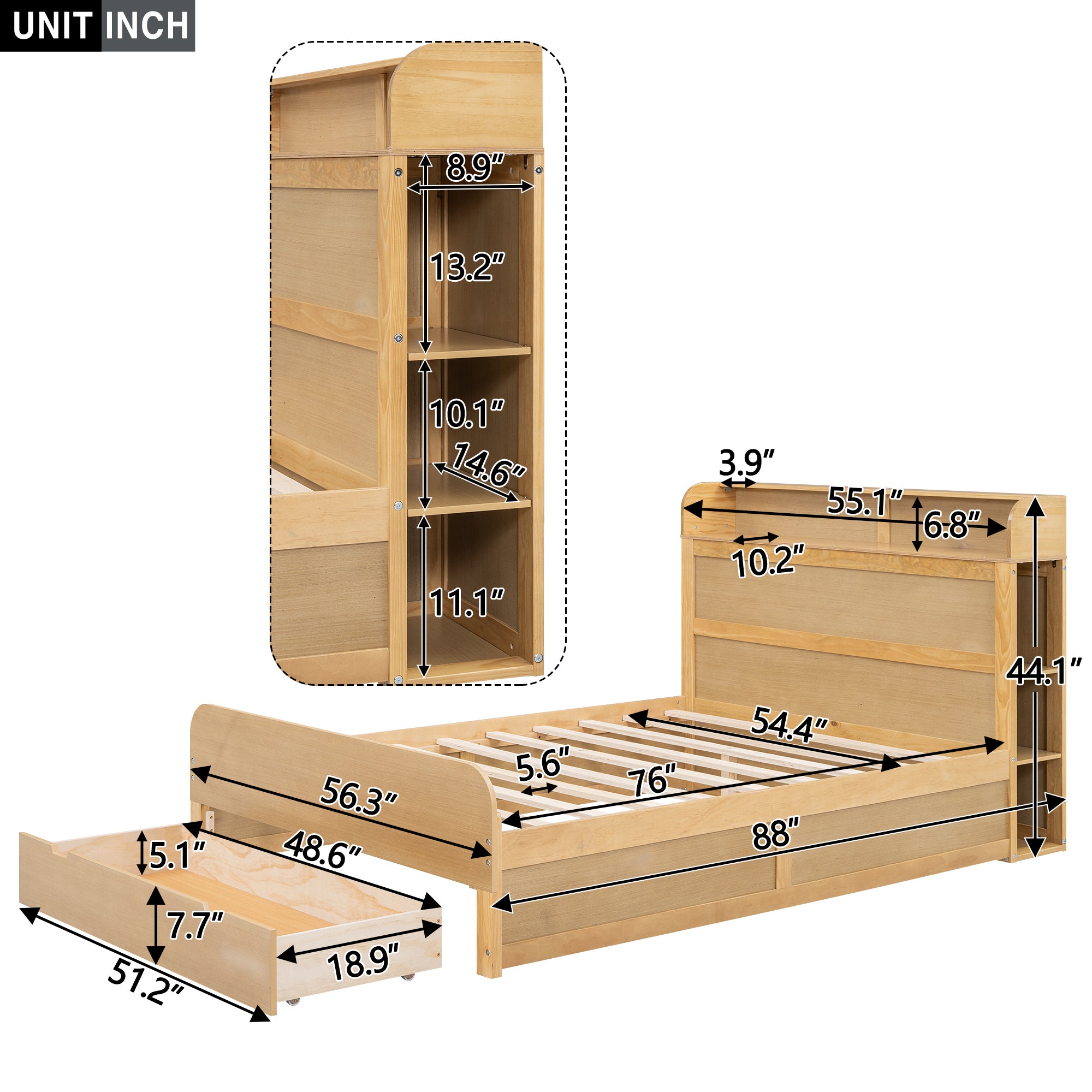 Full Size Platform Bed with Storage Headboard and a Big Drawer, Wood Color - Atlantic Fine Furniture Melbourne FL