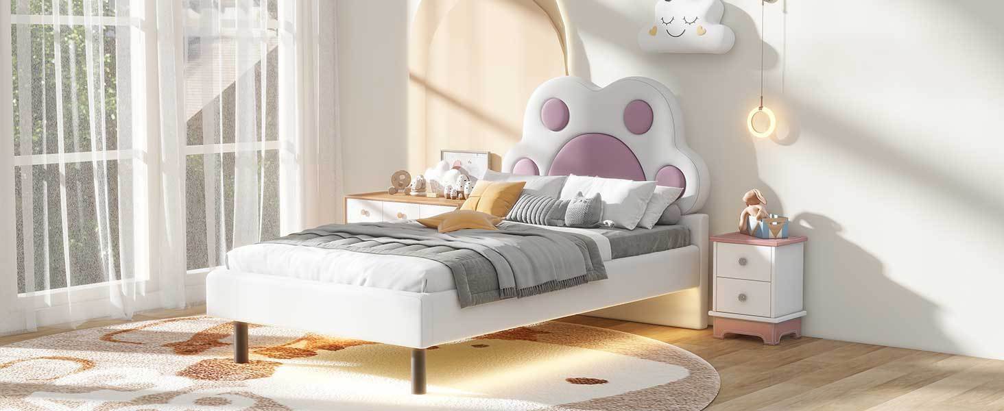 Twin Size Upholstered Platform Bed with Animal Paw Shaped Headboard and LED, Pink - Atlantic Fine Furniture Melbourne FL