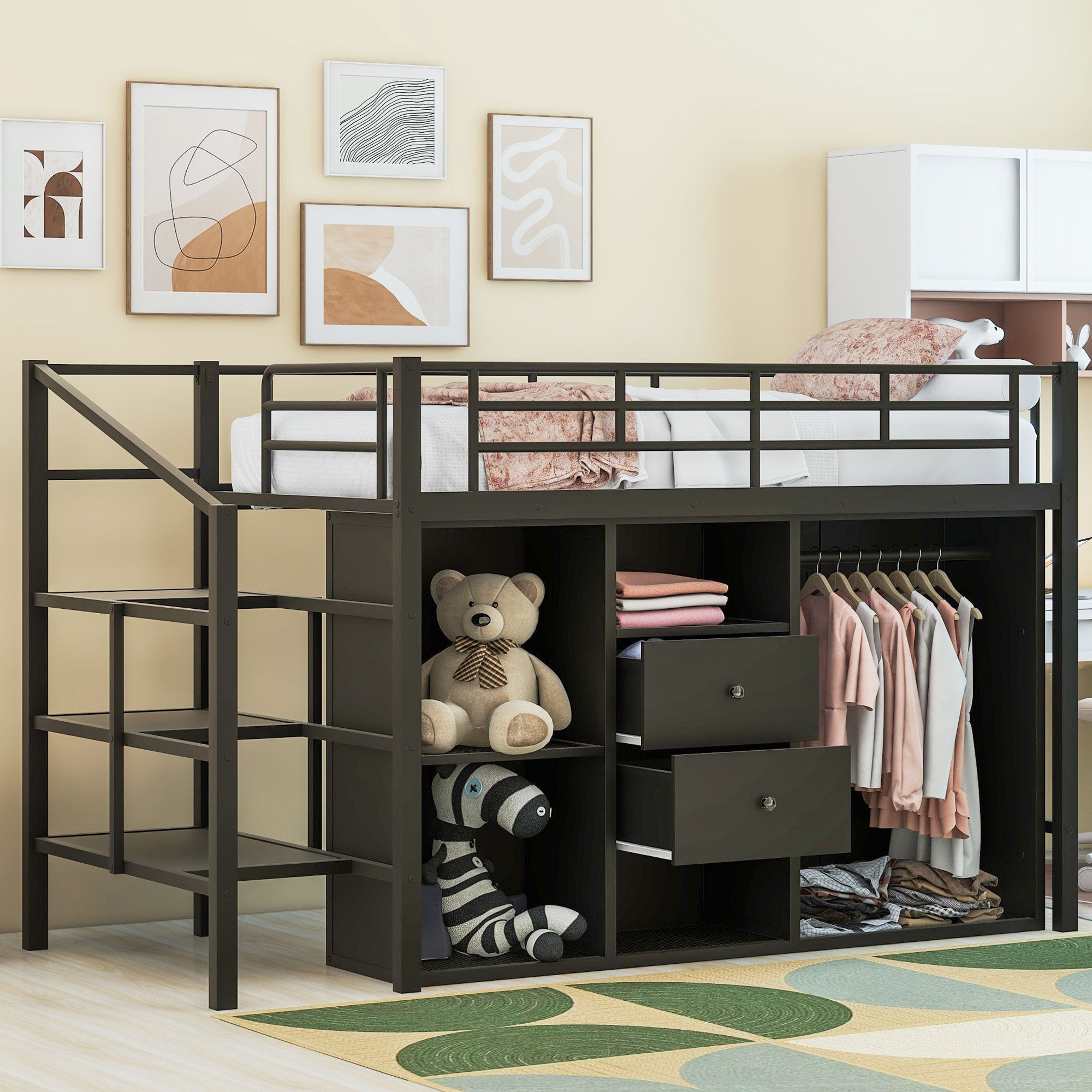 Twin Size Metal Loft Bed with Drawers, Storage Staircase and Small Wardrobe - Atlantic Fine Furniture Melbourne FL