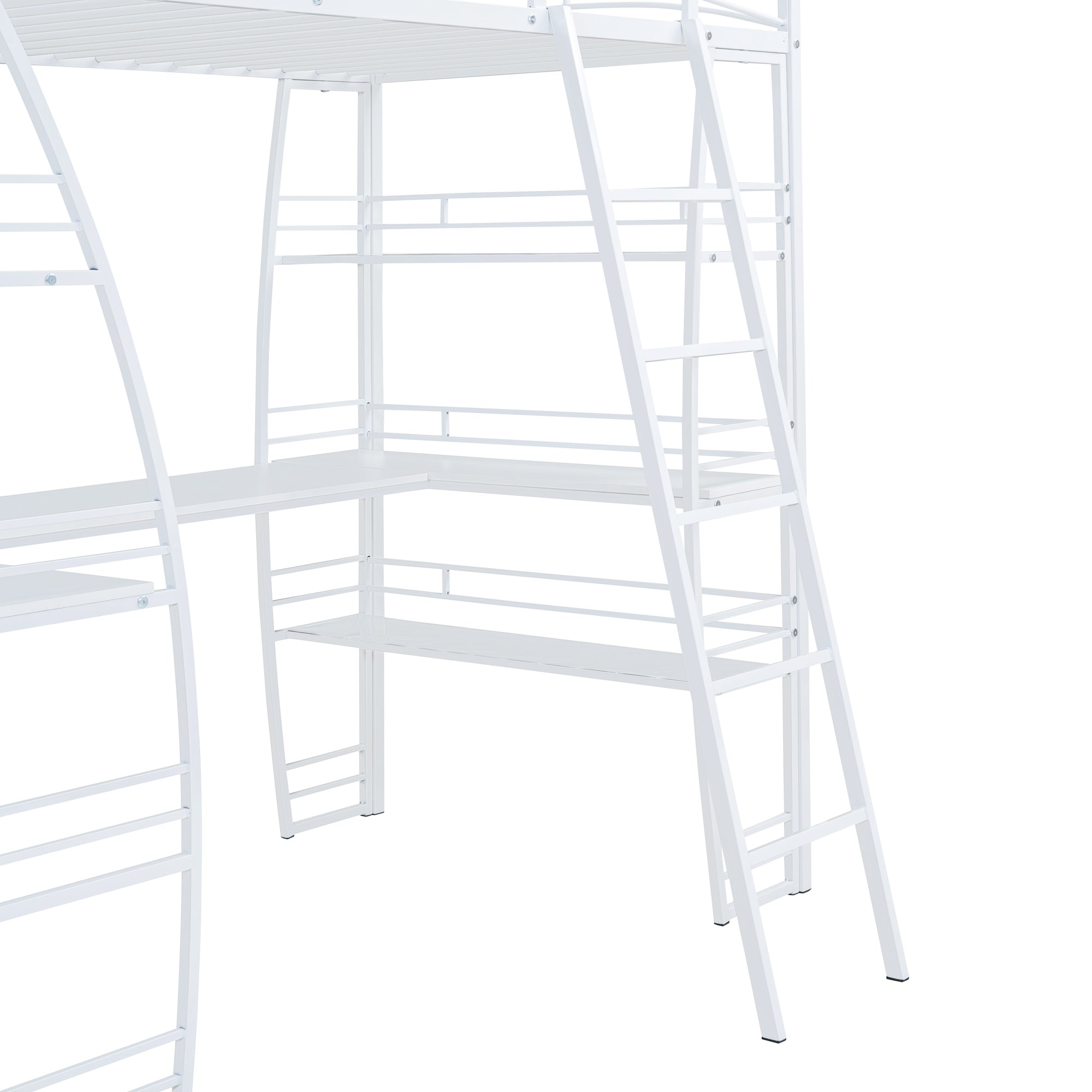 Twin Size Loft Bed with 4 Layers of Shelves and L-shaped Desk, Stylish Metal Frame Bed with a set of Sockets, USB Ports and and Wireless Charging, White - Atlantic Fine Furniture Melbourne FL