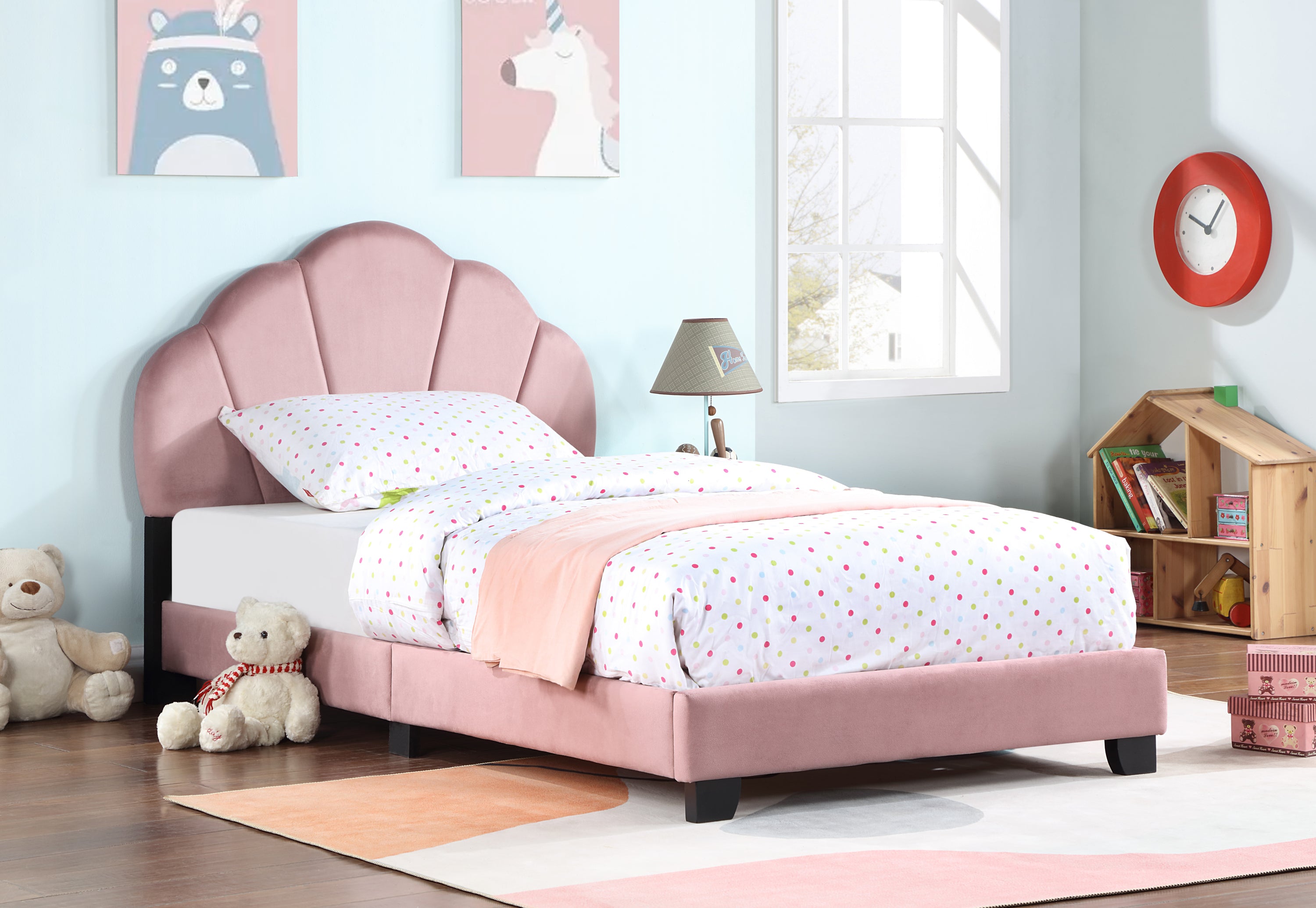 Upholstered Twin Size Platform Bed for Kids, with Slatted Bed Base, No Box Spring Needed, Pink color, Shell Design - Atlantic Fine Furniture Melbourne FL