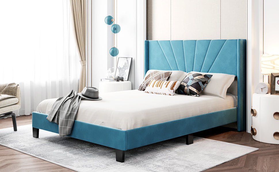 Queen Size Velvet Upholstered Platform Bed, Box Spring Needed - Blue - Atlantic Fine Furniture Melbourne FL