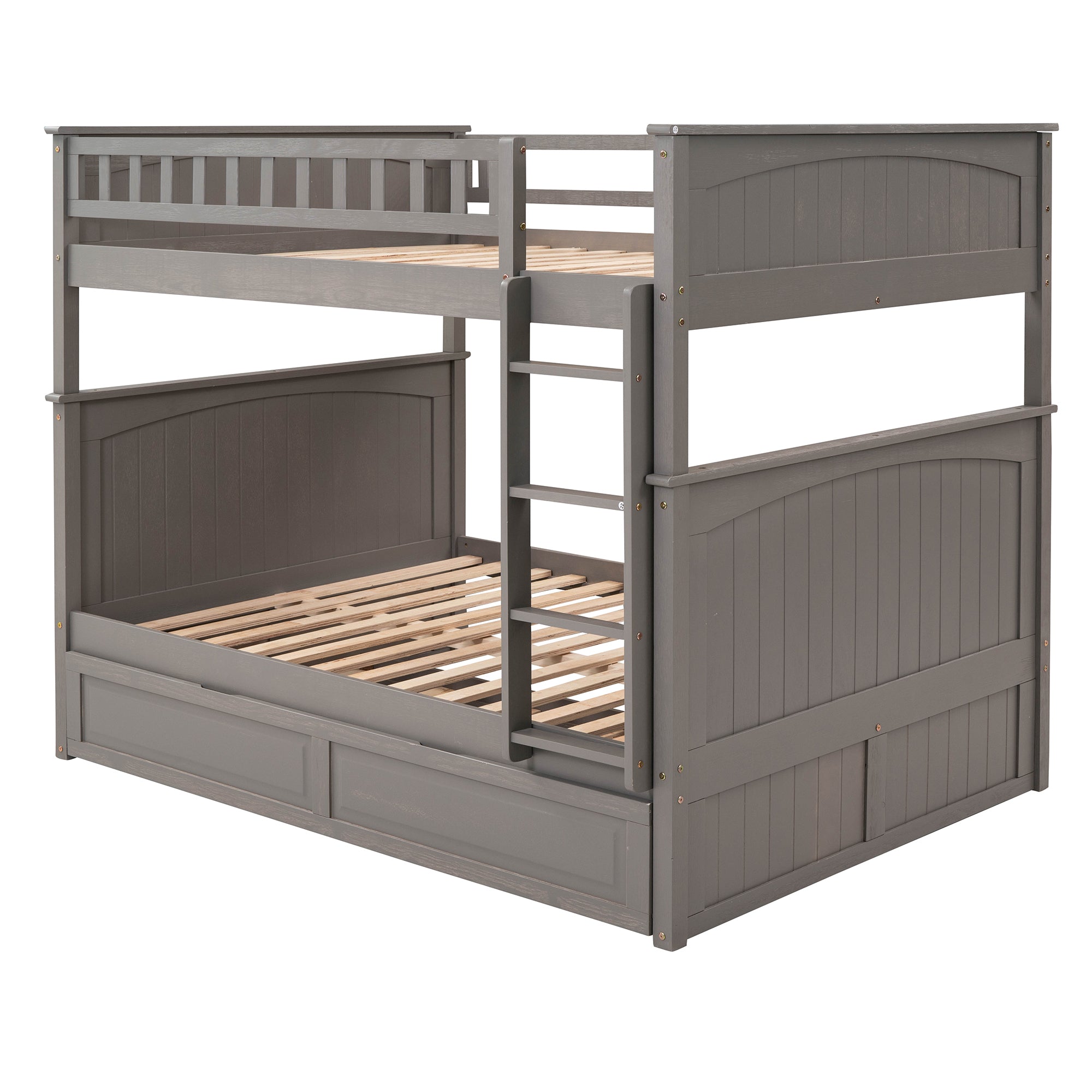 Full Over Full Bunk Bed with Twin Size Trundle, Pine Wood Bunk Bed with Guardrails, Brushed Gray(Old SKU:LP000044AAN)