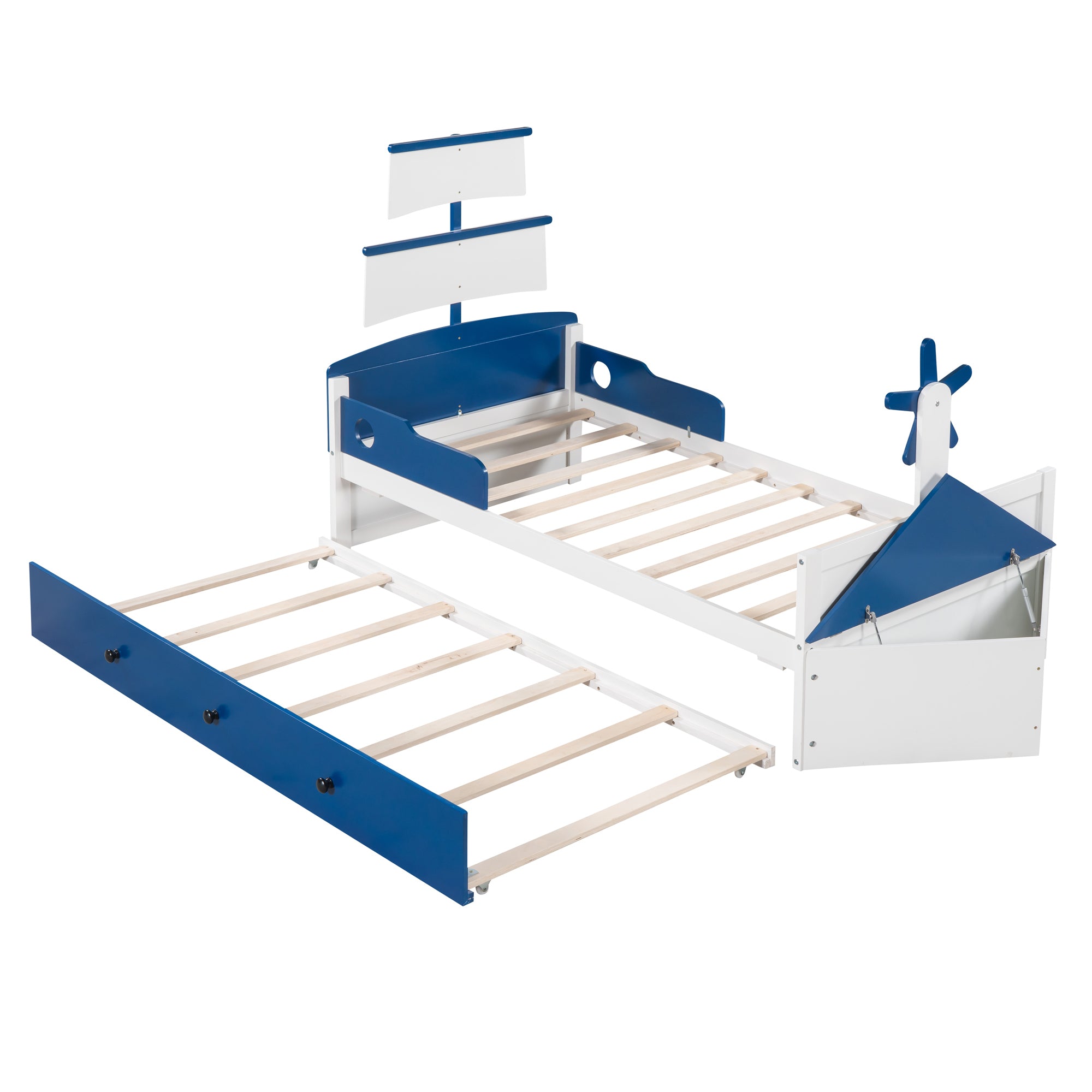 3-Pieces Bedroom Sets,Twin Size Boat-Shaped Platform Bed with Trundle and Two Nightstands,White+Blue - Atlantic Fine Furniture Melbourne FL
