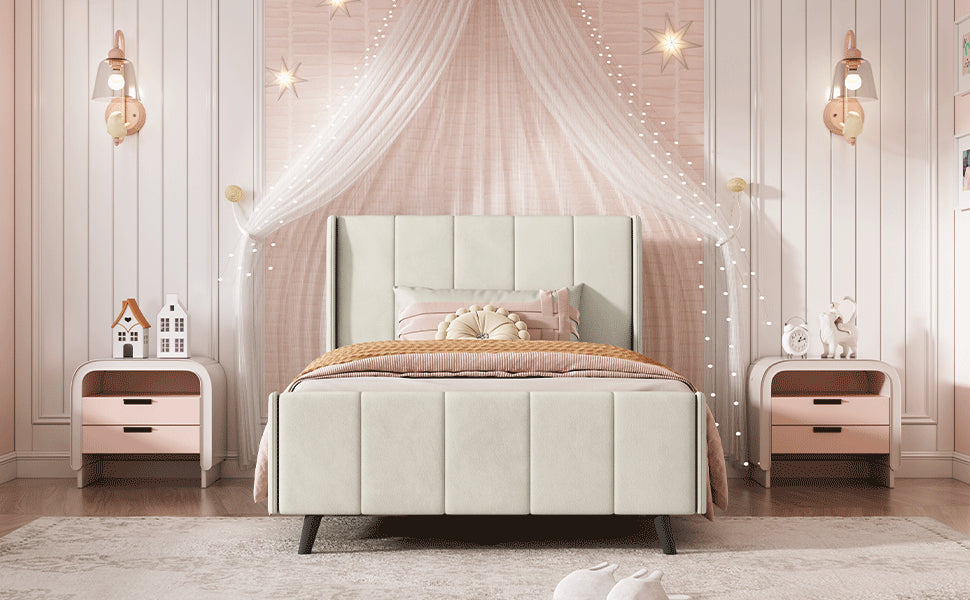 Twin Size Upholstered Platform Bed, Velvet, Beige - Atlantic Fine Furniture Melbourne FL