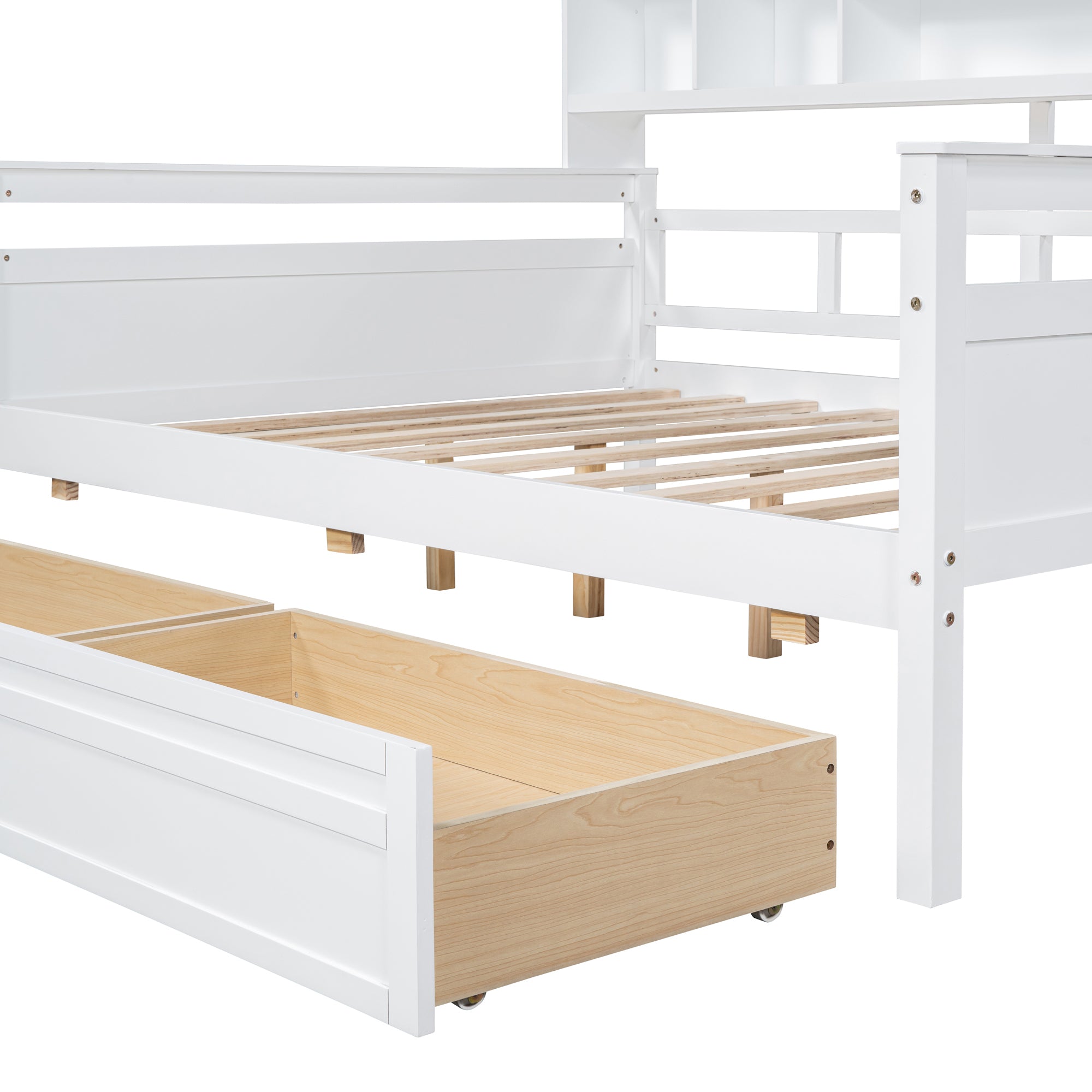 Full size Daybed, Wood Slat Support, with Bedside Shelf and Two Drawers, White - Atlantic Fine Furniture Melbourne FL