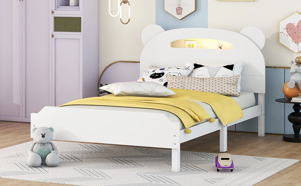 Twin Size Wood Platform Bed with Bear-shaped Headboard,Bed with Motion Activated Night Lights,White - Atlantic Fine Furniture Melbourne FL