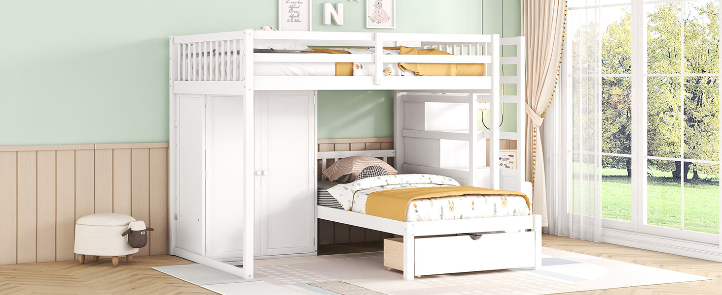Full Over Twin Bunk Bed with Wardrobe, Drawers, White - Atlantic Fine Furniture Melbourne FL