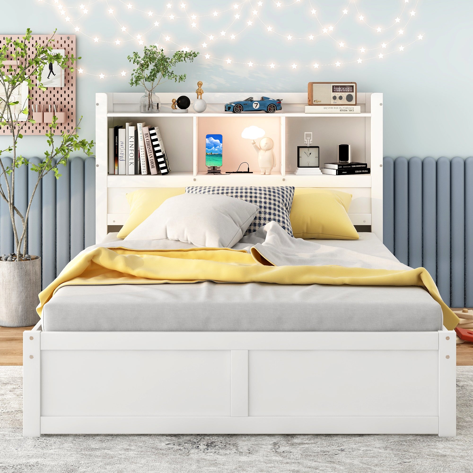 Full Size Storage Platform Bed with Pull Out Shelves, Twin Size Trundle and 2 Drawers, White - Atlantic Fine Furniture Melbourne FL