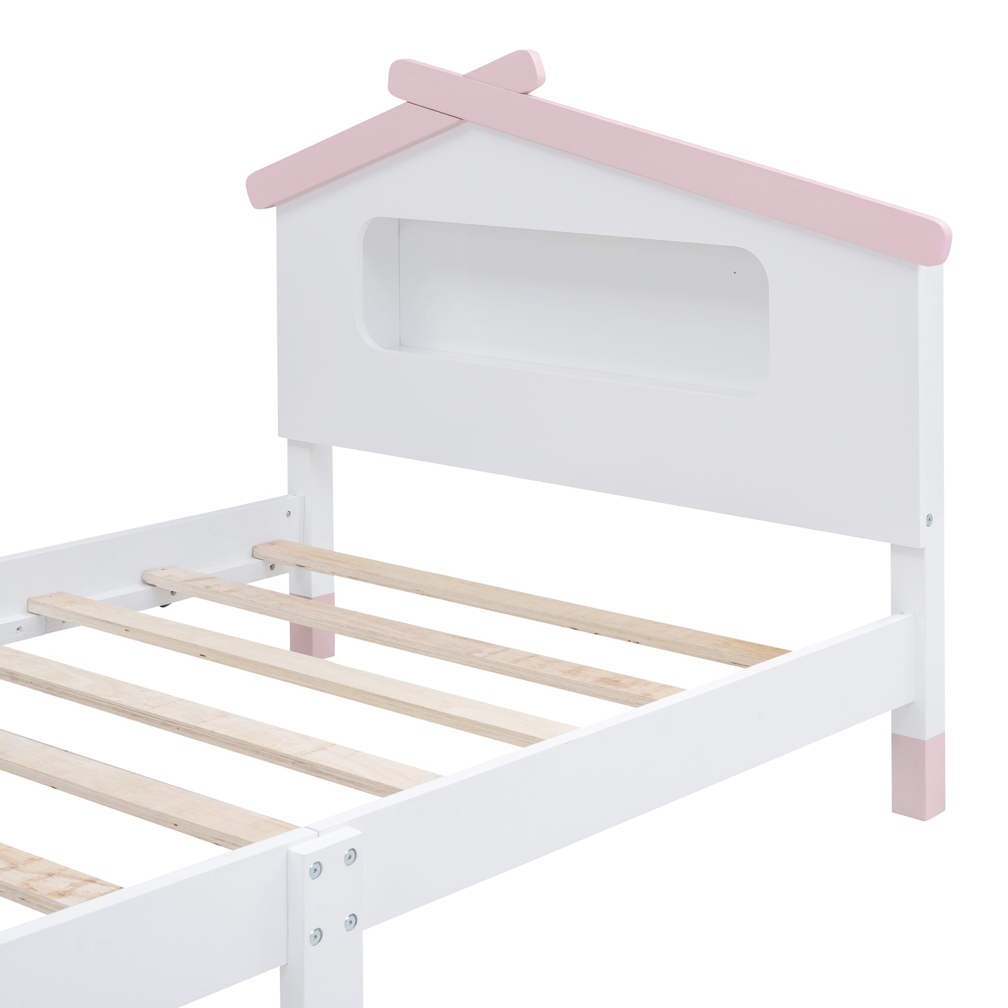 Twin Size Wood Platform Bed with House-shaped Headboard and Motion Activated Night Lights (White+Pink) - Atlantic Fine Furniture Melbourne FL