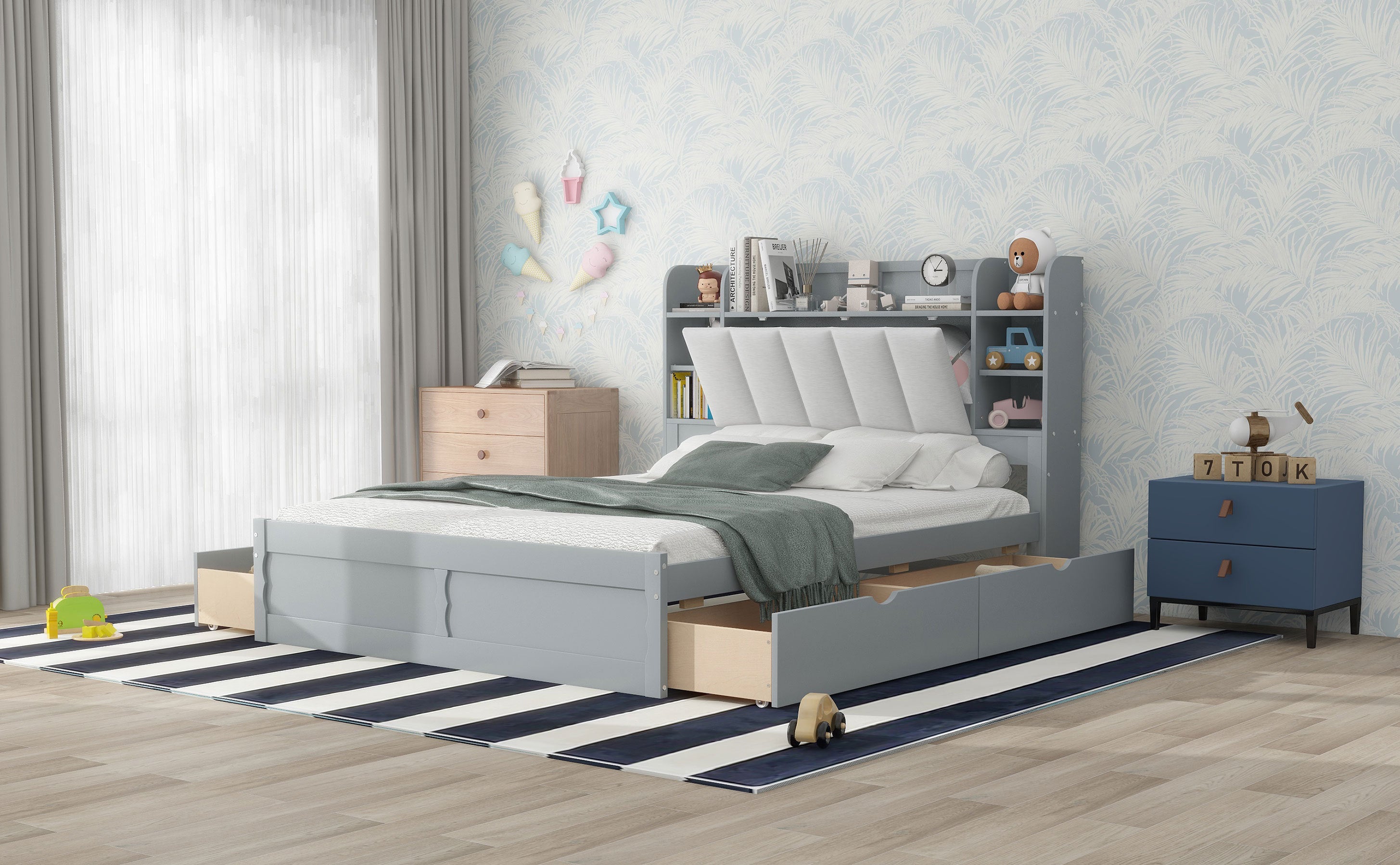 Wood Queen Size Platform Bed with Storage Headboard, Shelves and 4 Drawers, Gray - Atlantic Fine Furniture Melbourne FL