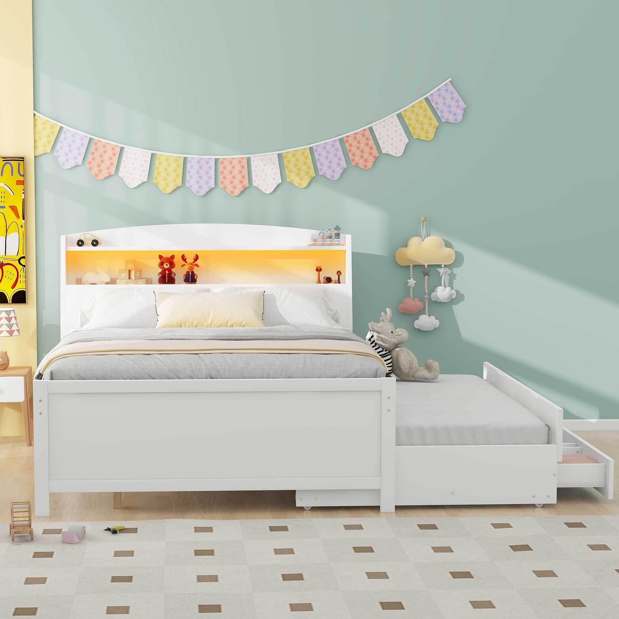 Full Size Platform Bed with Storage LED Headboard, Twin Size Trundle and 3 Drawers, White - Atlantic Fine Furniture Melbourne FL