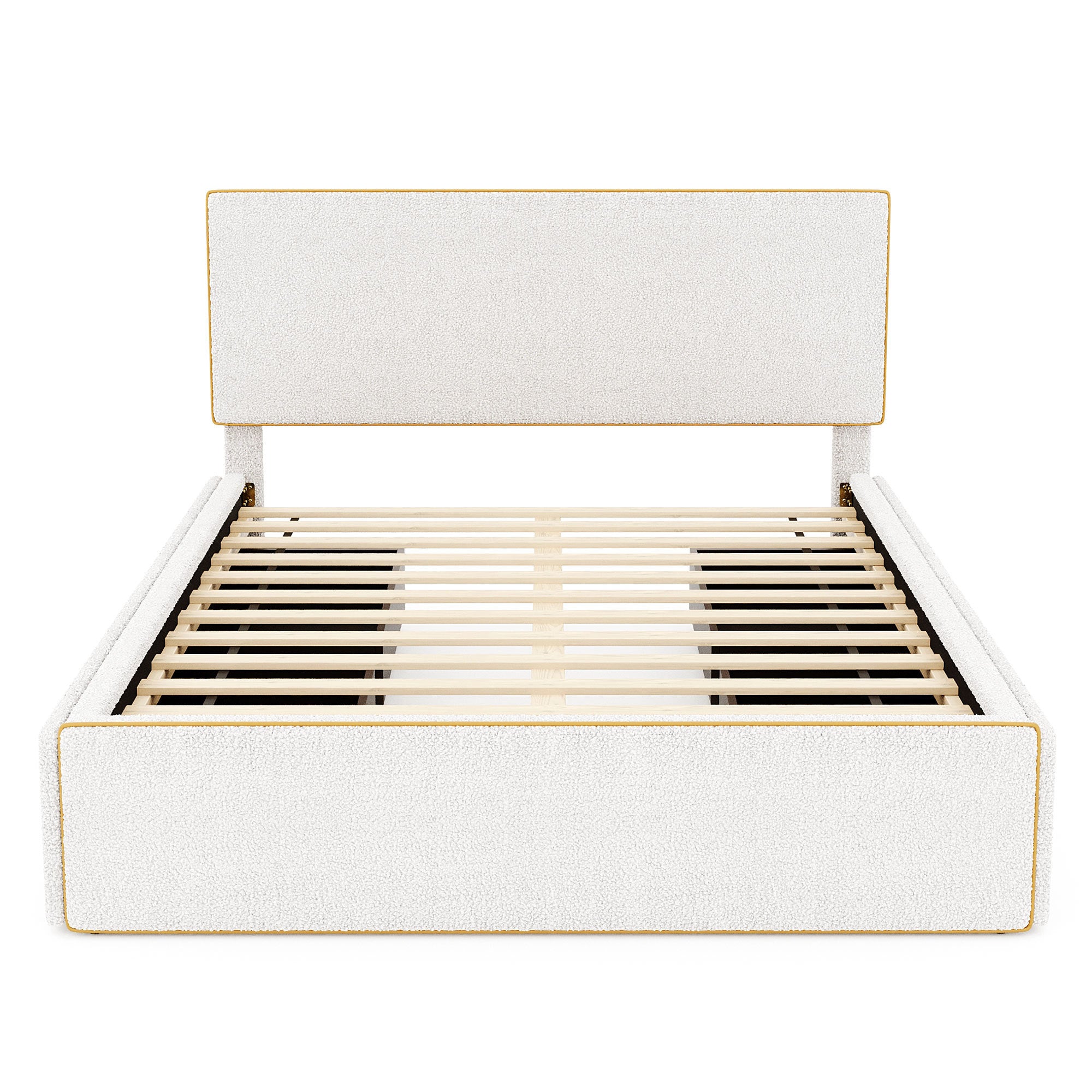 Full Size Upholstered Platform Bed with 4 Drawers and Golden Edge on the Headboard & Footboard, White - Atlantic Fine Furniture Melbourne FL