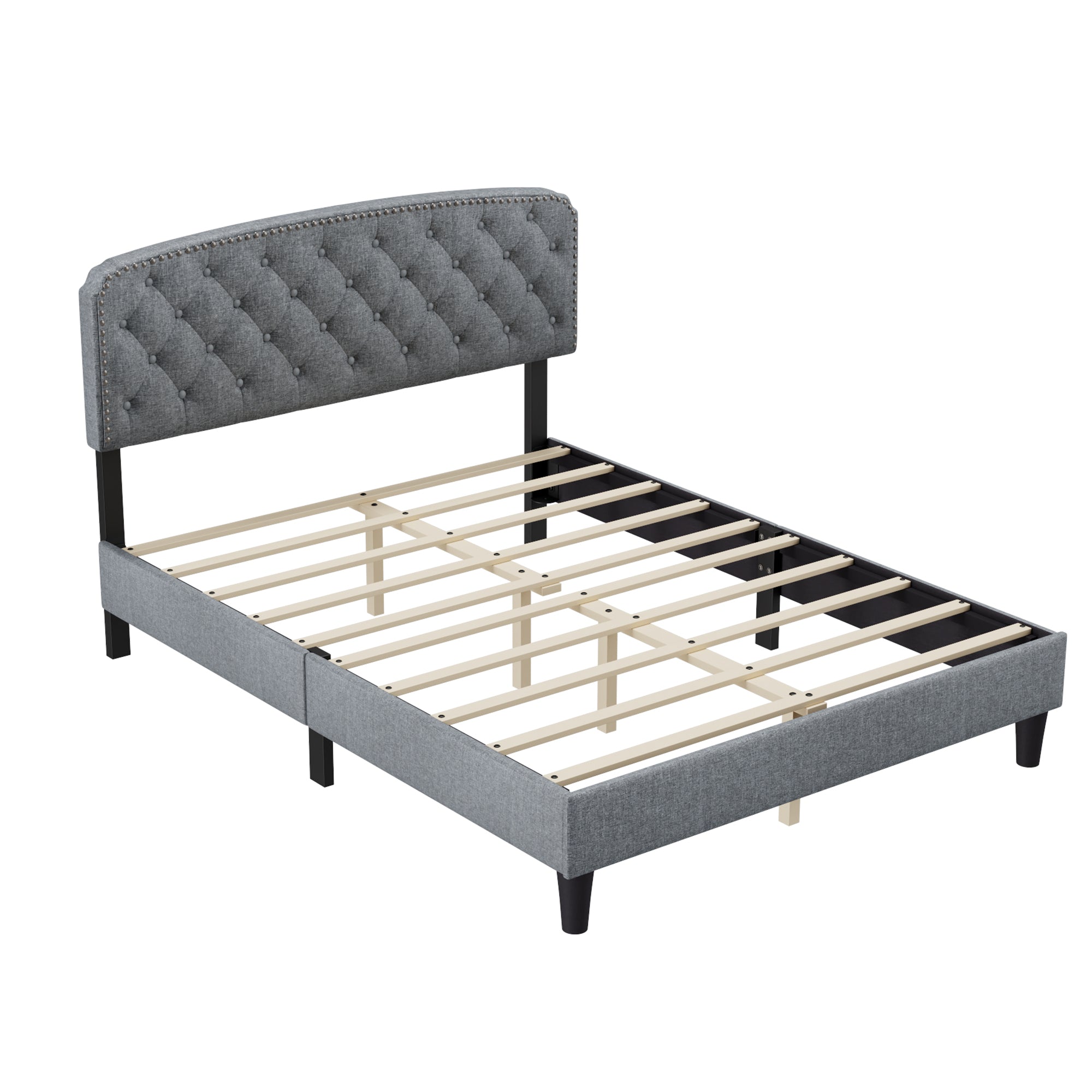 Queen size Adjustable Headboard with Fine Linen Upholstery and Button Tufting for Bedroom, Wave Top LIGHT GREY