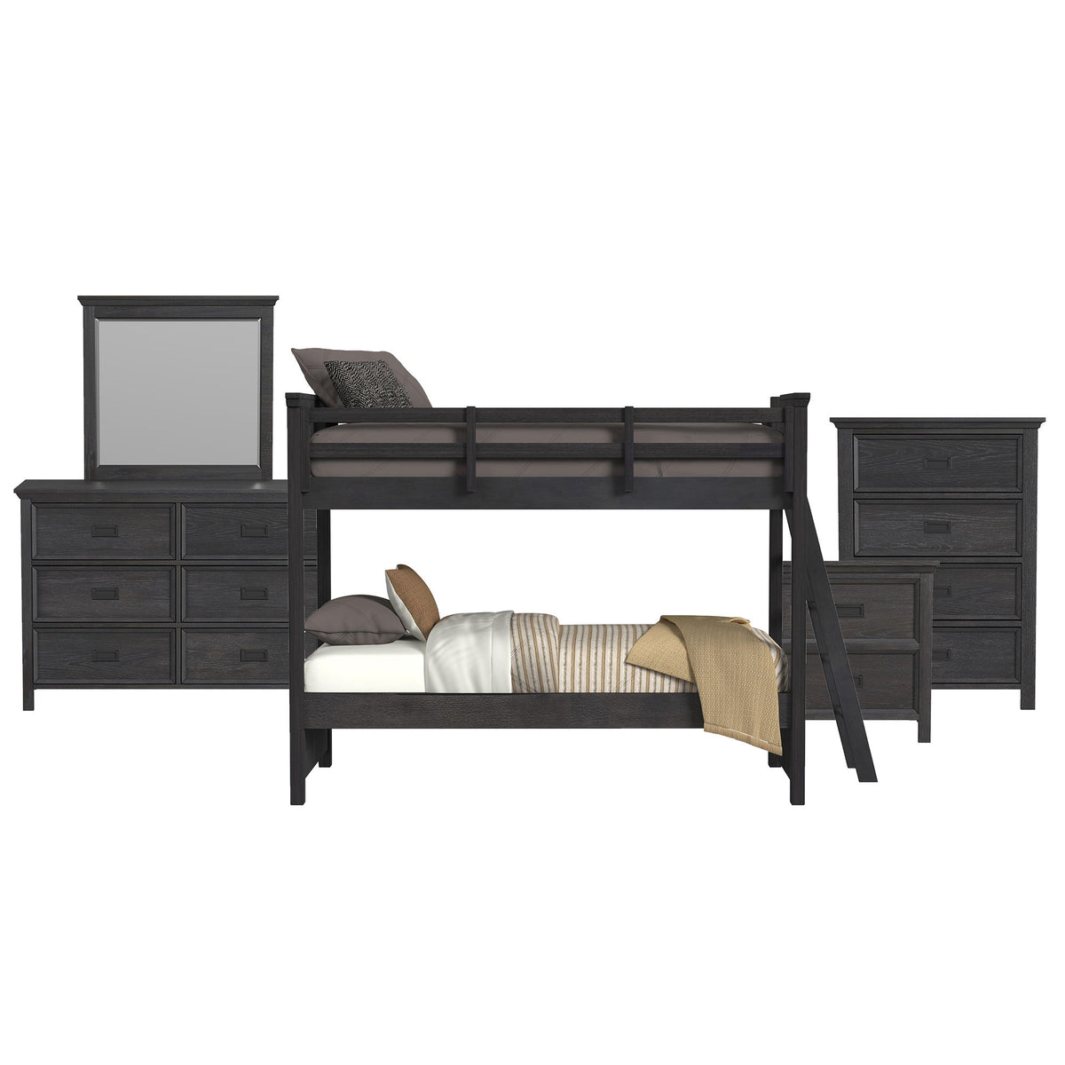 Hampton Kids Bunk With Ladder Bedroom Set in Black by Elements International, view 8