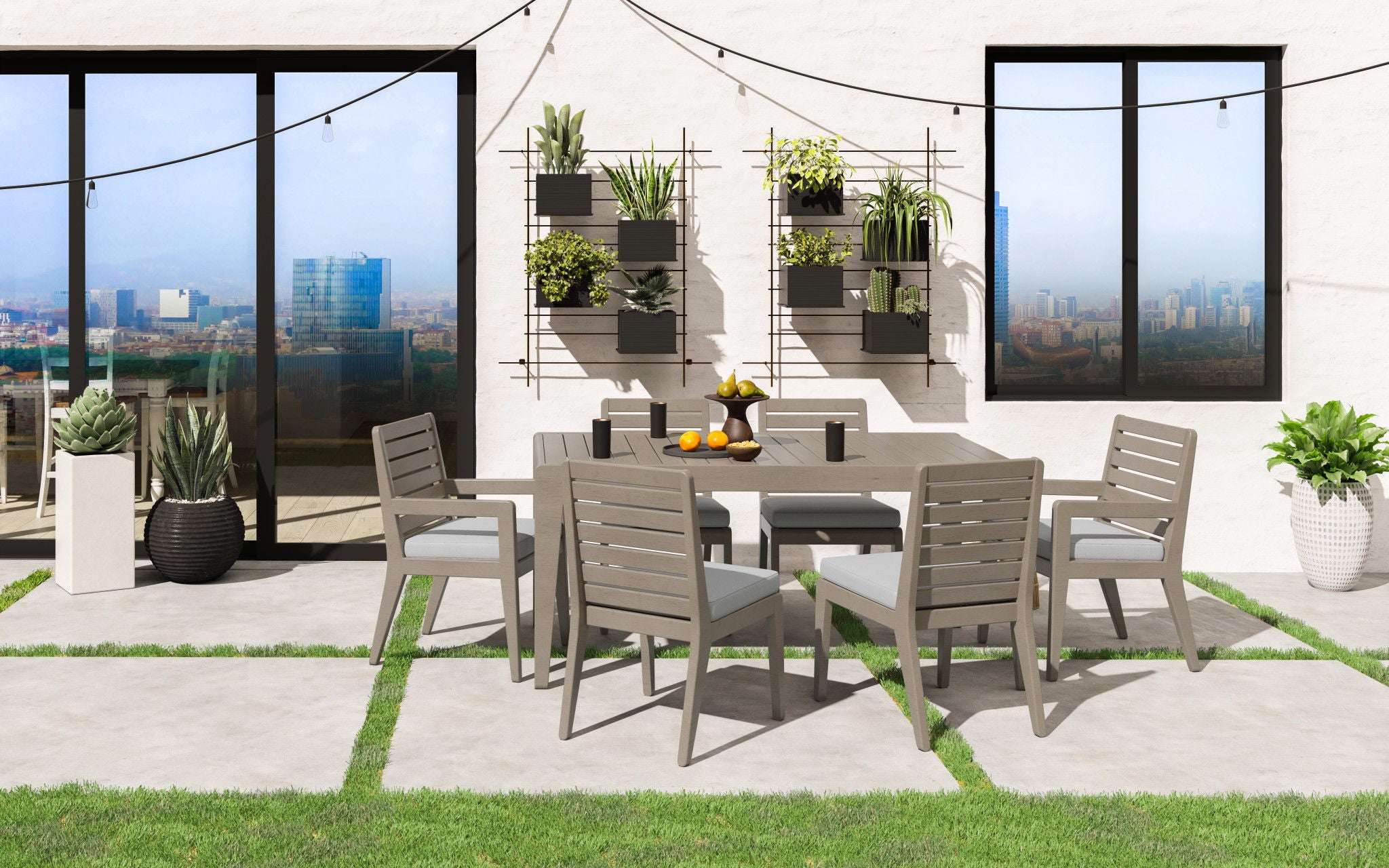 Sustain - 30" Wood Outdoor Dining Table And Six Chairs - Dark Gray