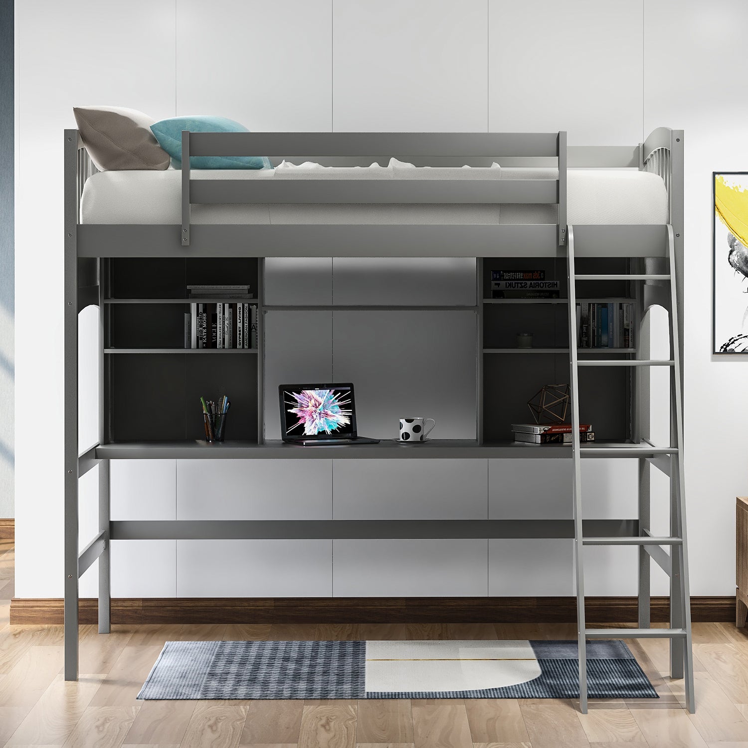 Twin size Loft Bed with Storage Shelves, Desk and Ladder, Gray(OLD SKU :LP000140EAA) - Atlantic Fine Furniture Melbourne FL
