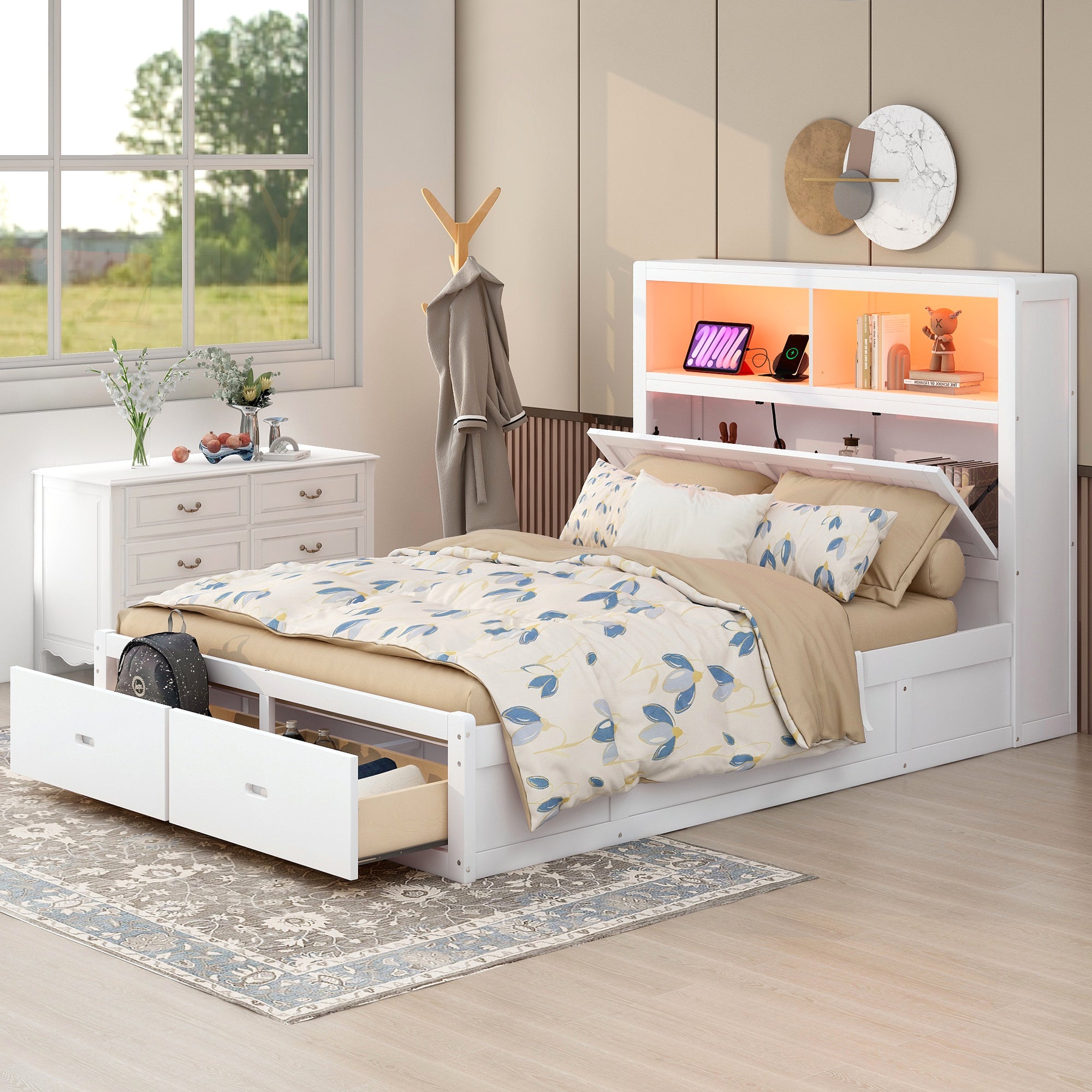 Wood Queen Size Hydraulic Platform Bed with Storage LED Headboard, Charging Station and 2 Drawers, White - Atlantic Fine Furniture Melbourne FL