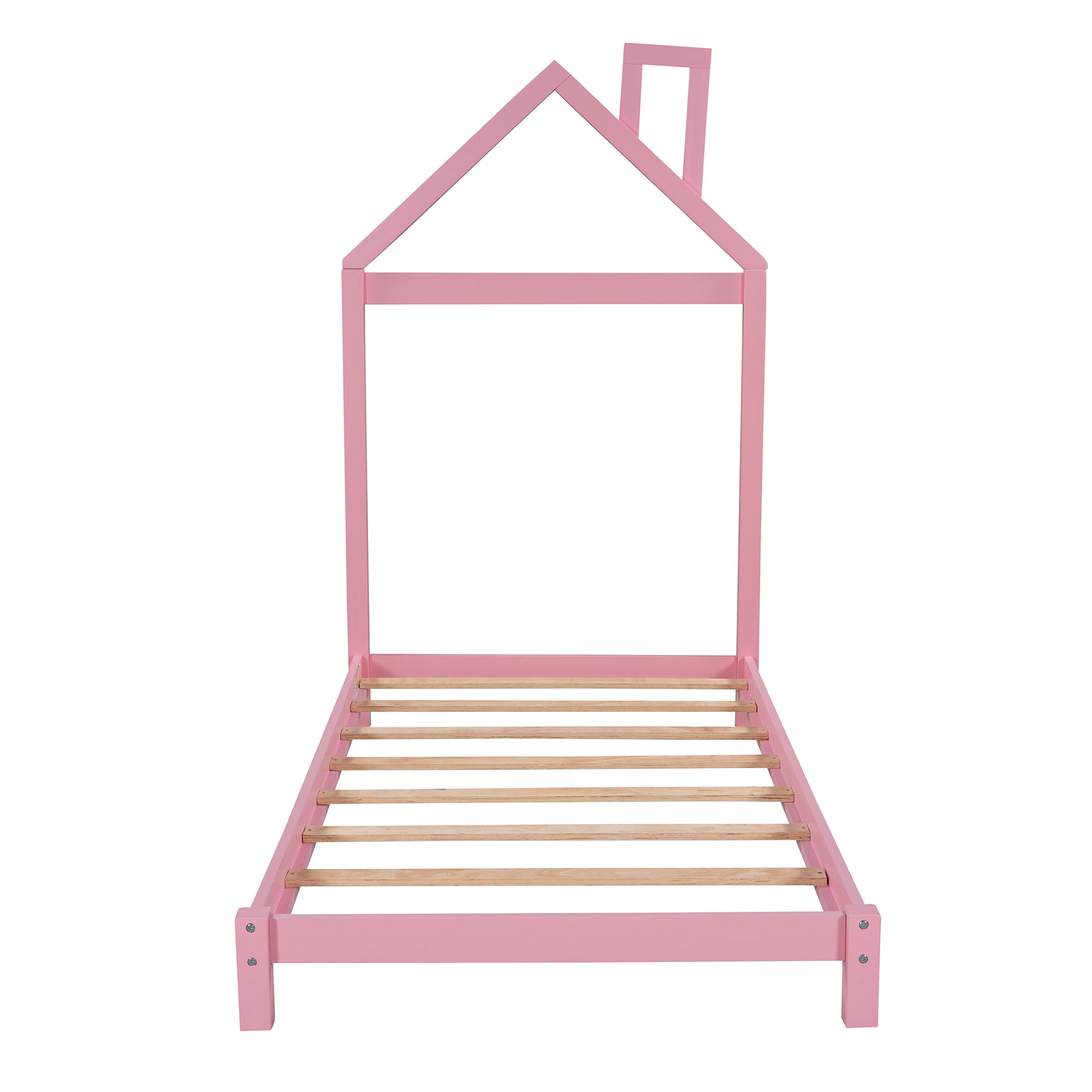 Twin Size Wood Platform Bed with House-shaped Headboard (Pink)