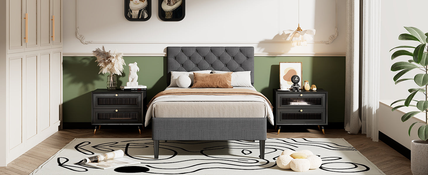 Upholstered Linen Platform Bed, Twin Size, Gray - Atlantic Fine Furniture Melbourne FL