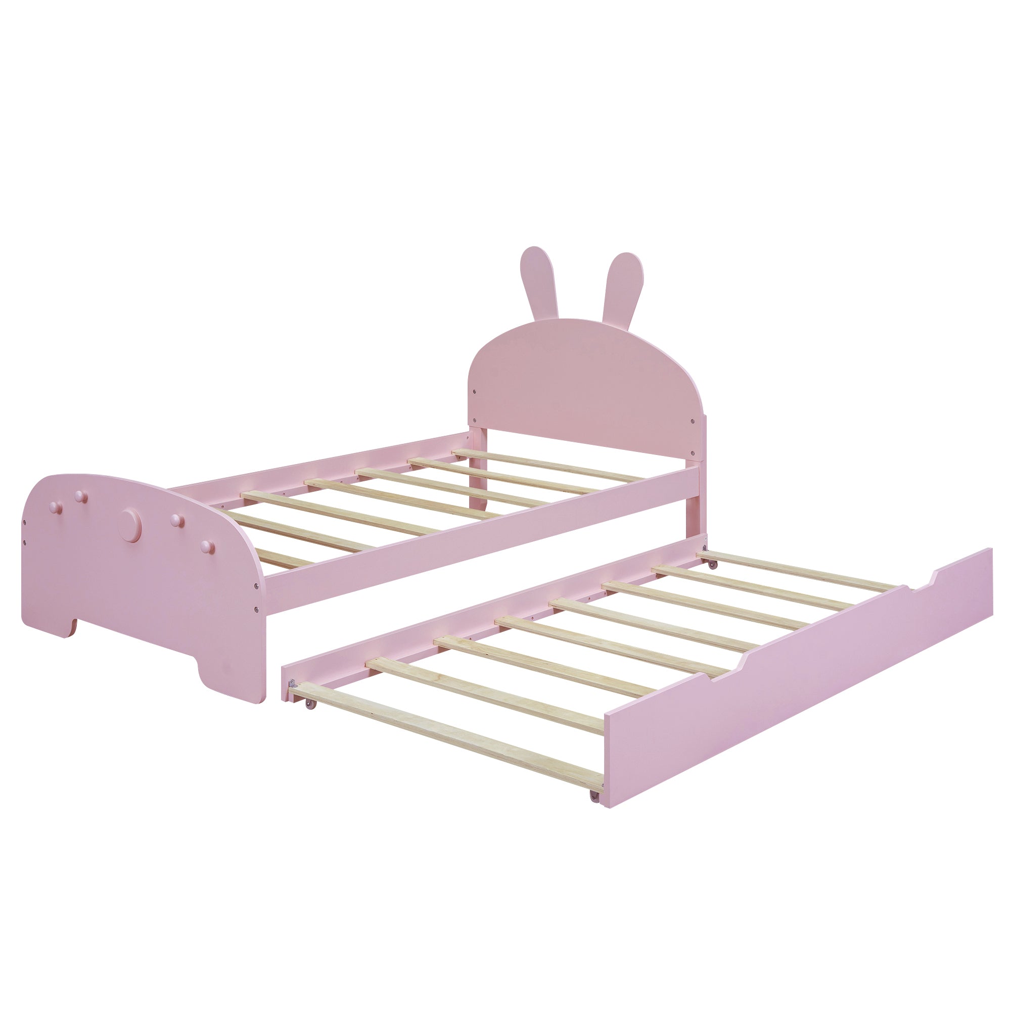 Wood Twin Size Platform Bed with Cartoon Ears Shaped Headboard and Trundle, Pink - Atlantic Fine Furniture Melbourne FL