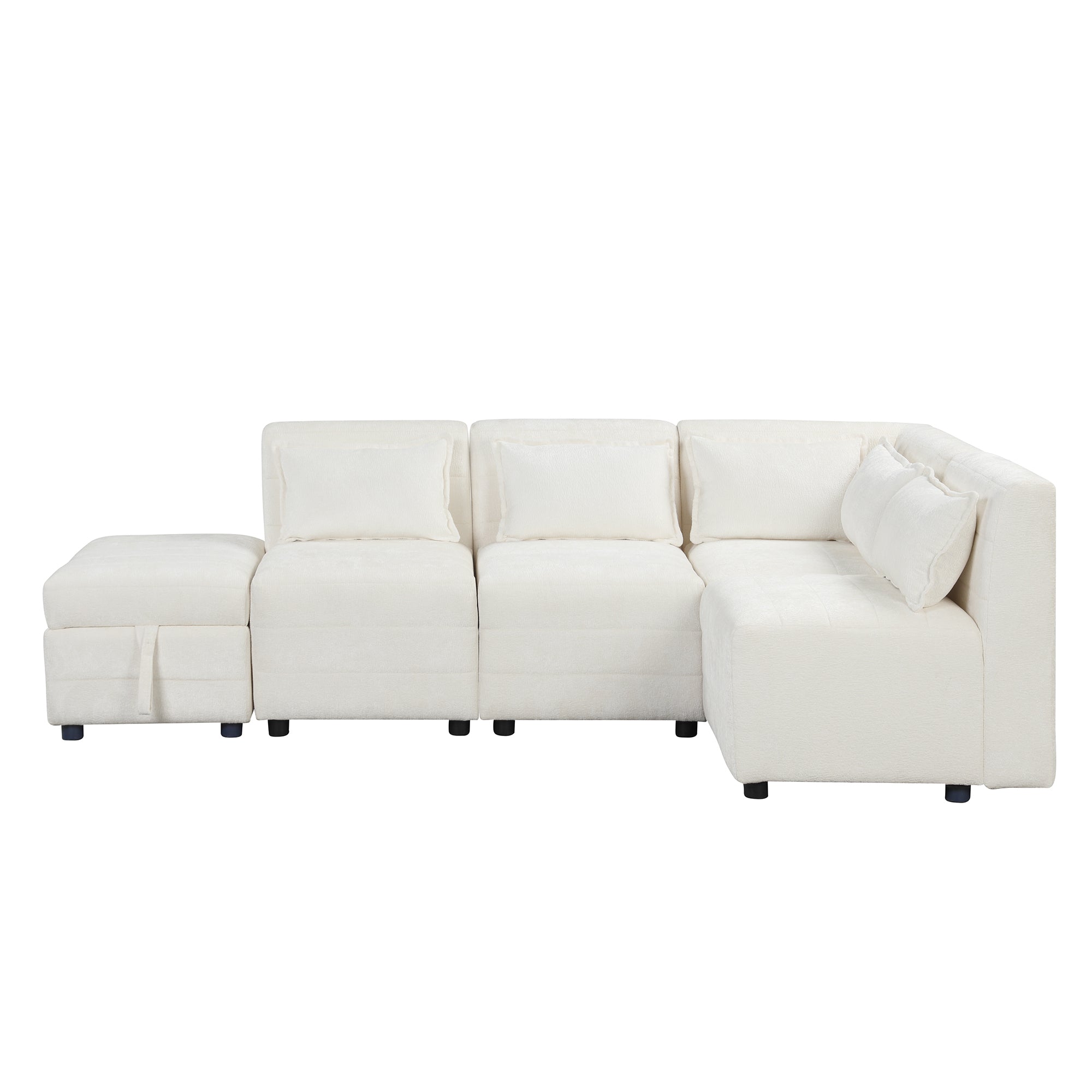 Free-Combined Sectional Sofa 5-seater Modular Couches with Storage Ottoman, 5 Pillows for Living Room, Bedroom, Office, Cream