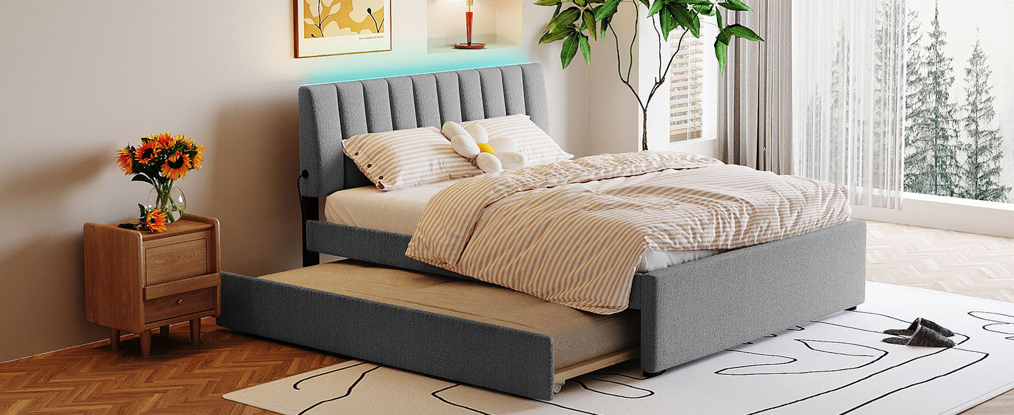 Teddy Fleece Queen Size Upholstered Platform Bed with Trundle, Gray - Atlantic Fine Furniture Melbourne FL