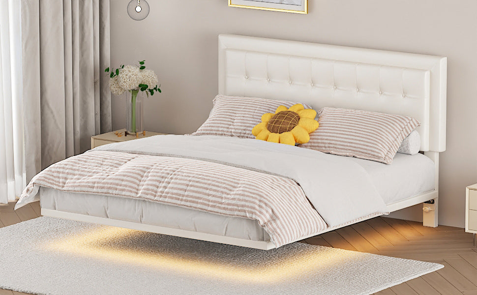 Queen Size Floating Bed Frame with Motion Activated Night Lights,Modern PU Upholstered Button Tufted Platform Bed Frame,White - Atlantic Fine Furniture Melbourne FL
