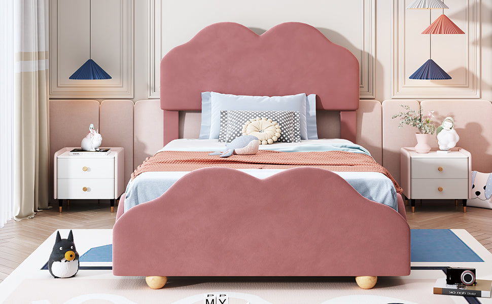 Twin Size Upholstered Platform Bed with Cloud Shaped bed board, Dark Pink - Atlantic Fine Furniture Melbourne FL
