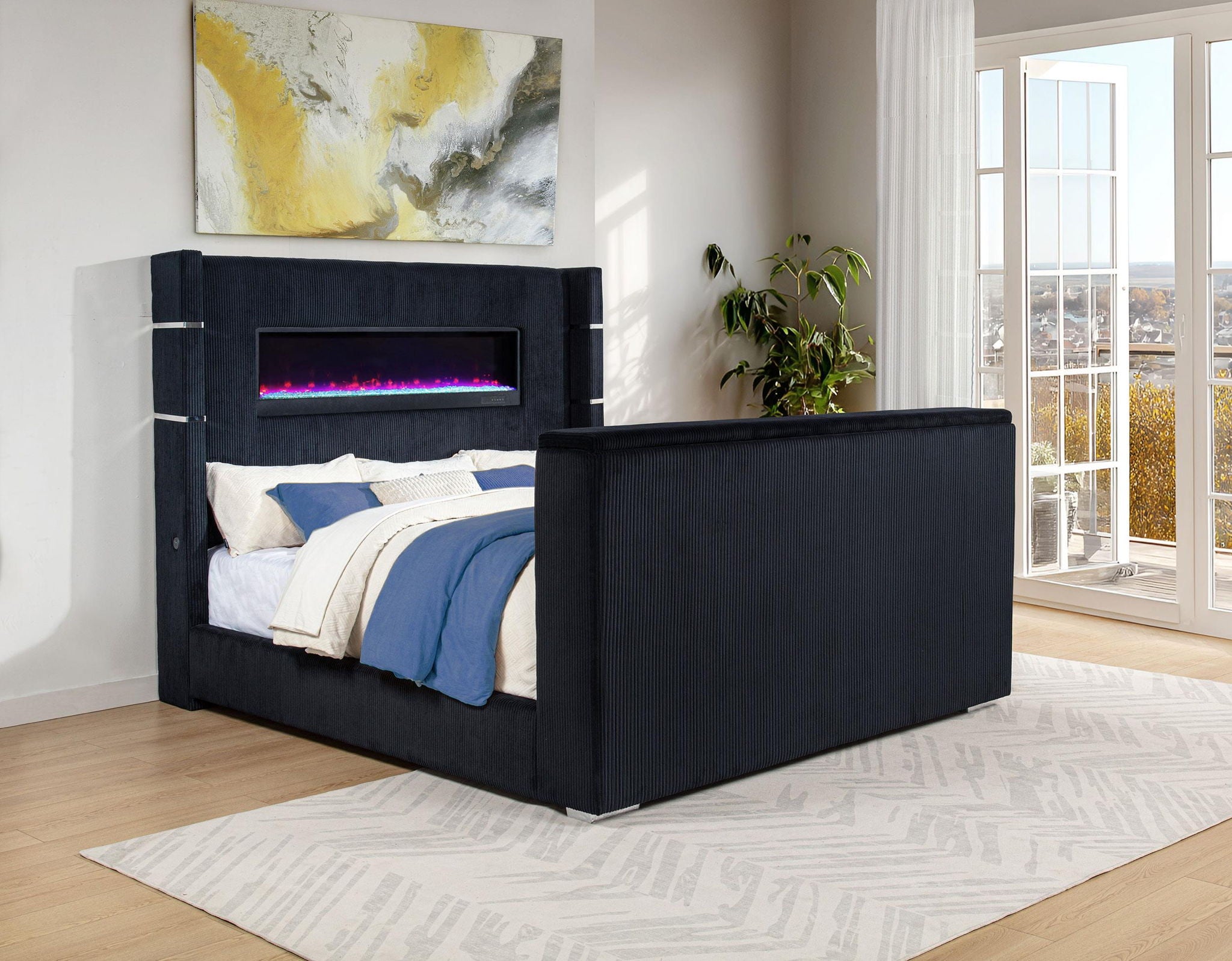Tisdall Eastern King Flame Visualizer Wingback TV Bed Black
