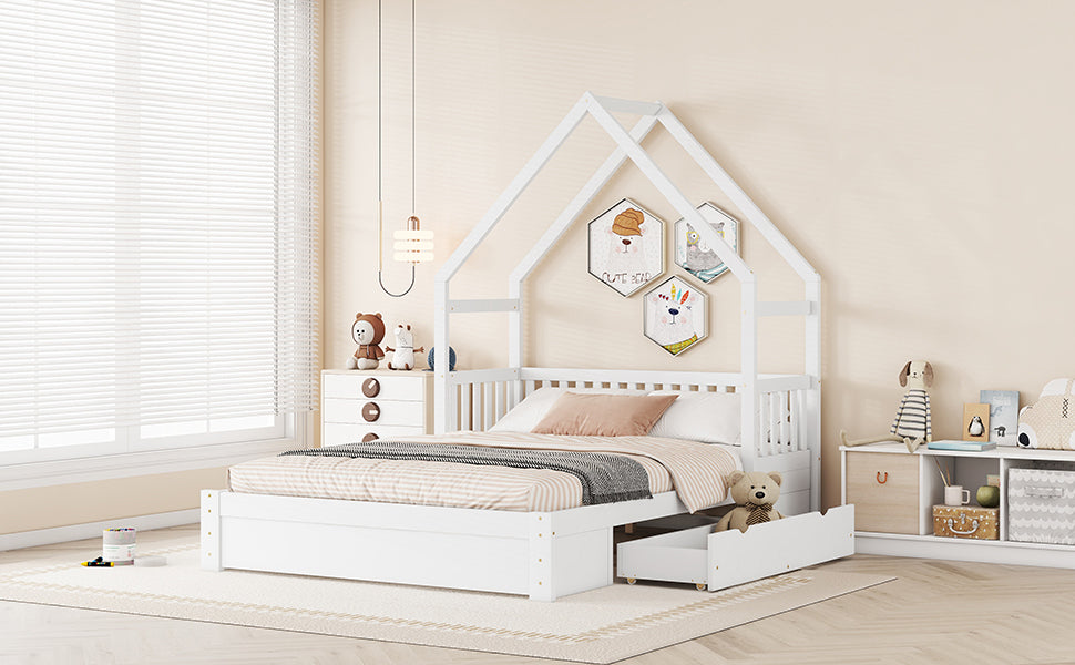Wood Queen Size House Platform Bed with Guardrail and 2 Drawers, White (Expected Arrival Time:4.26) - Atlantic Fine Furniture Melbourne FL