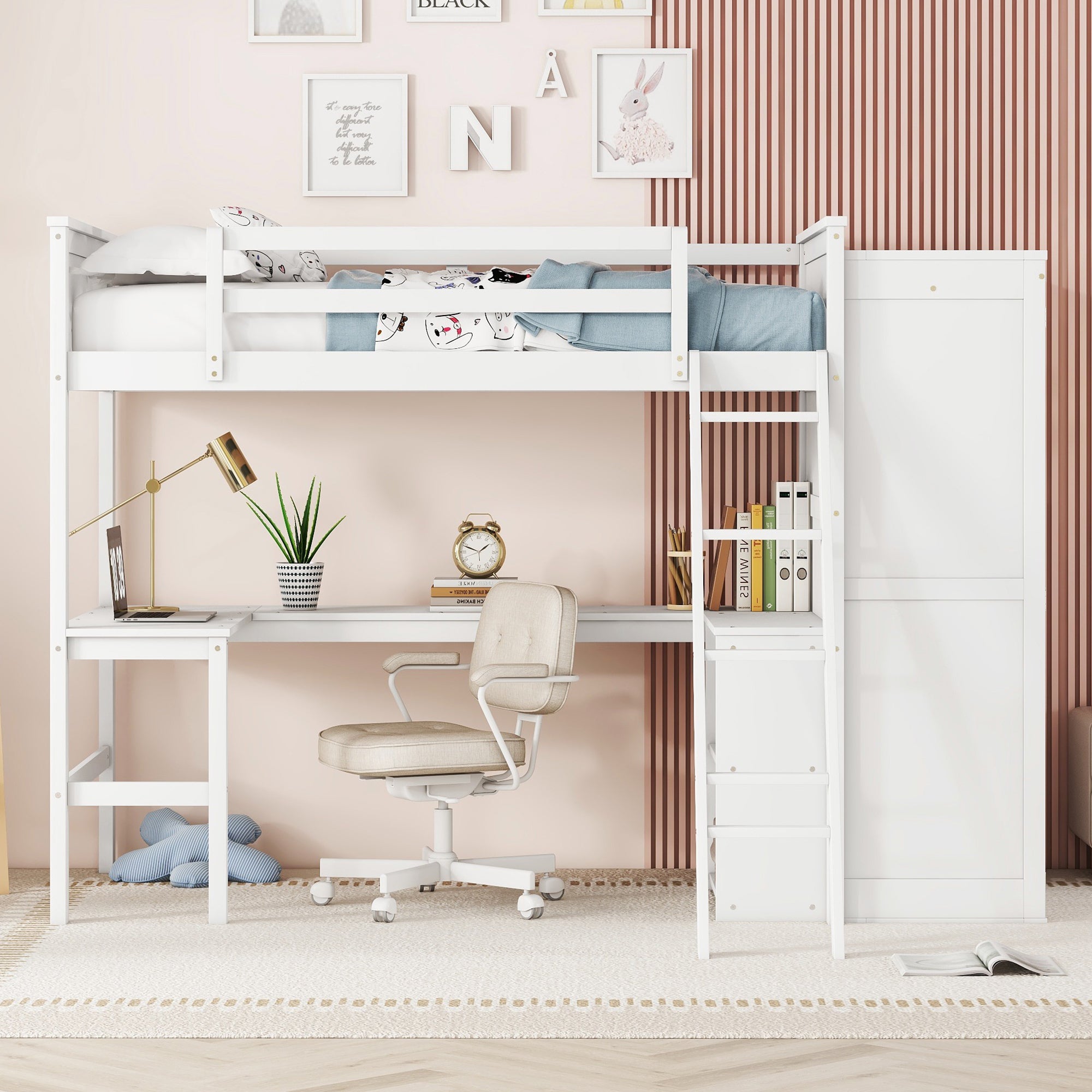 Twin size Loft Bed with Desk, Shelves and Wardrobe-White - Atlantic Fine Furniture Melbourne FL