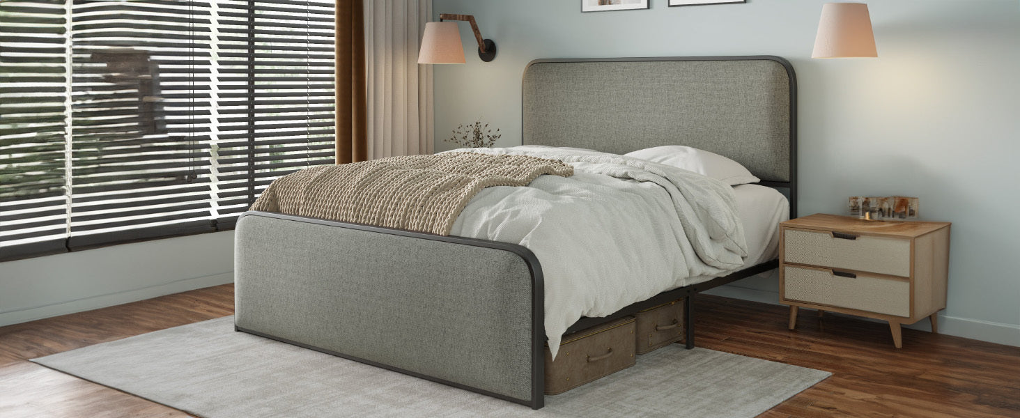 Modern Metal Bed Frame with Curved Upholstered Headboard and Footboard Bed with Under Bed Storage, Heavy Duty Metal Slats, Queen Size, Grey - Atlantic Fine Furniture Melbourne FL