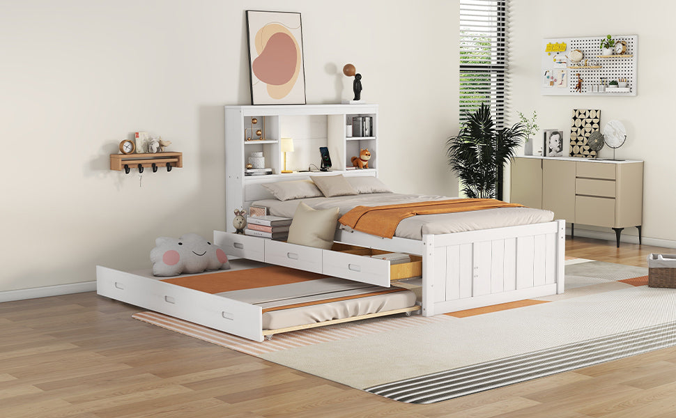 Twin Size Platform Bed with Storage Headboard, Charging Station, Twin Size Trundle and 3 Drawers, Antique White - Atlantic Fine Furniture Melbourne FL