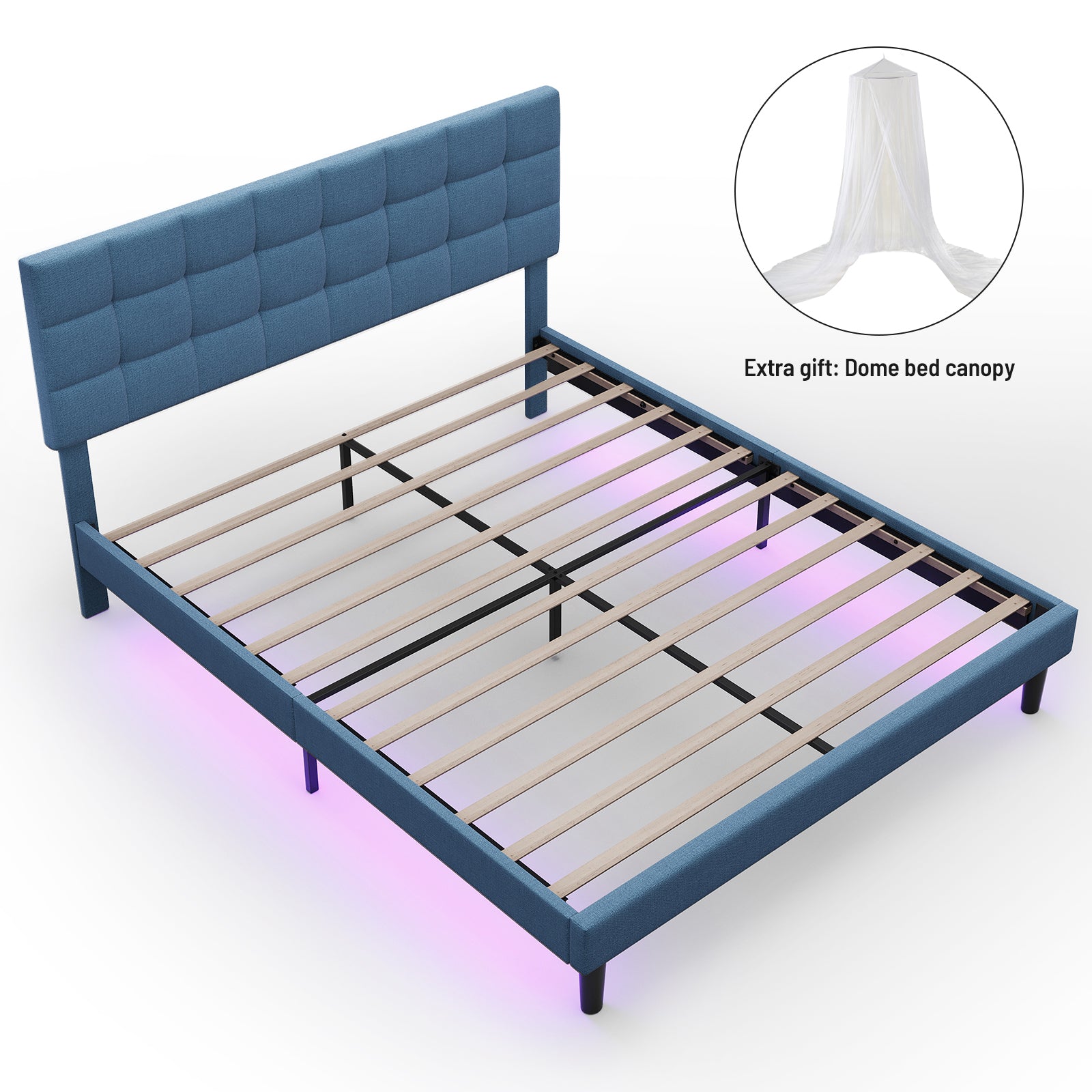 Queen Size Upholstered Platform Bed Linen Bed Frame with Lights Square Stitched Adjustable Headboard Strong Bed Slats System No Box Spring Needed Blue - Atlantic Fine Furniture Melbourne FL