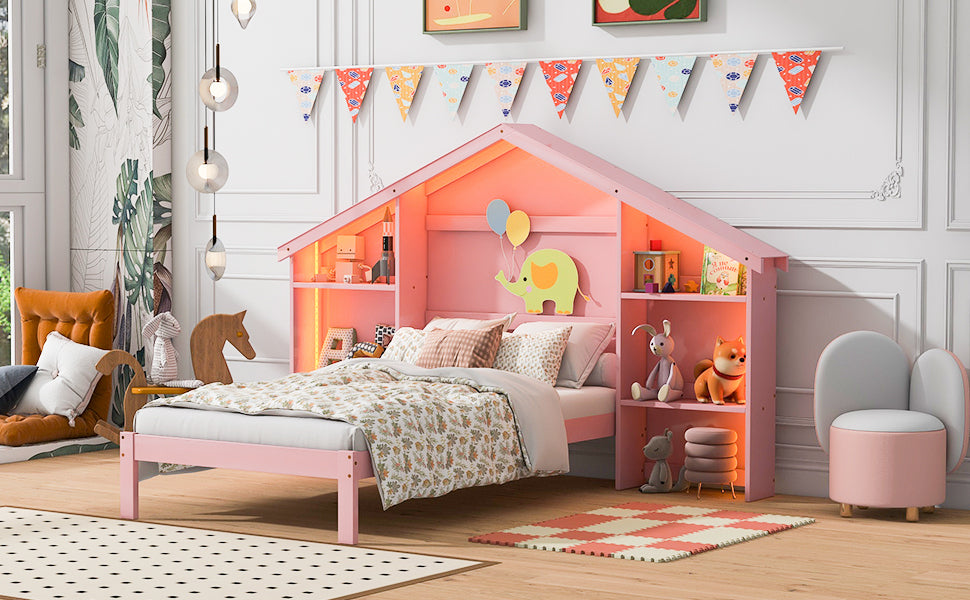 Wood Twin Size Platform Bed with House-shaped Storage Headboard and Built-in LED, Pink - Atlantic Fine Furniture Melbourne FL